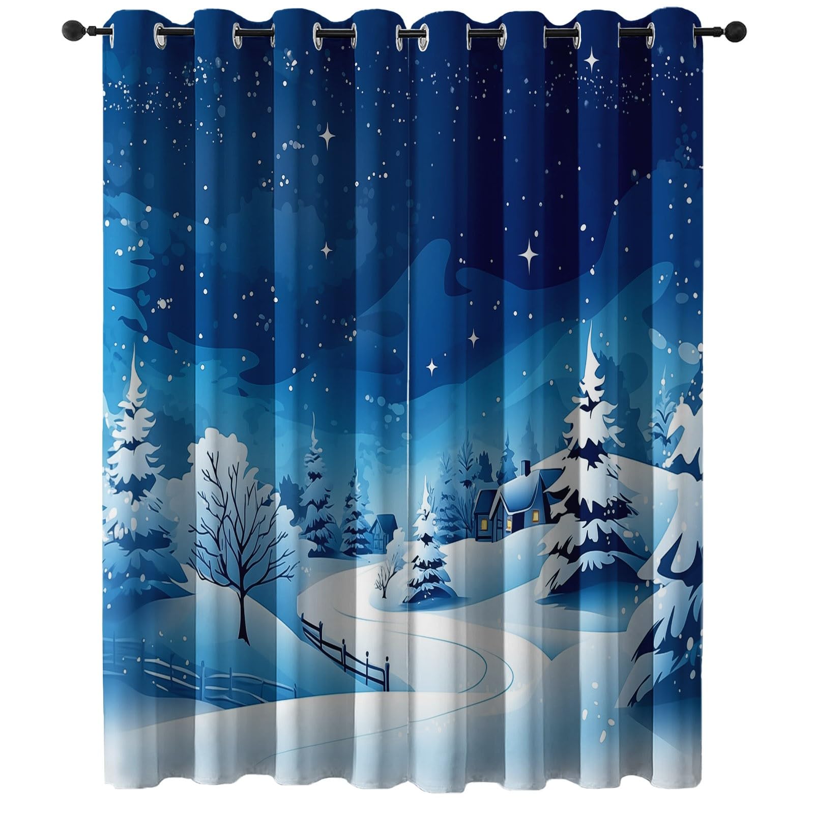 Rideaux de fenêtre scène de neige d'hiver salon | Voilage bleu blanc transparent 100x178 cm