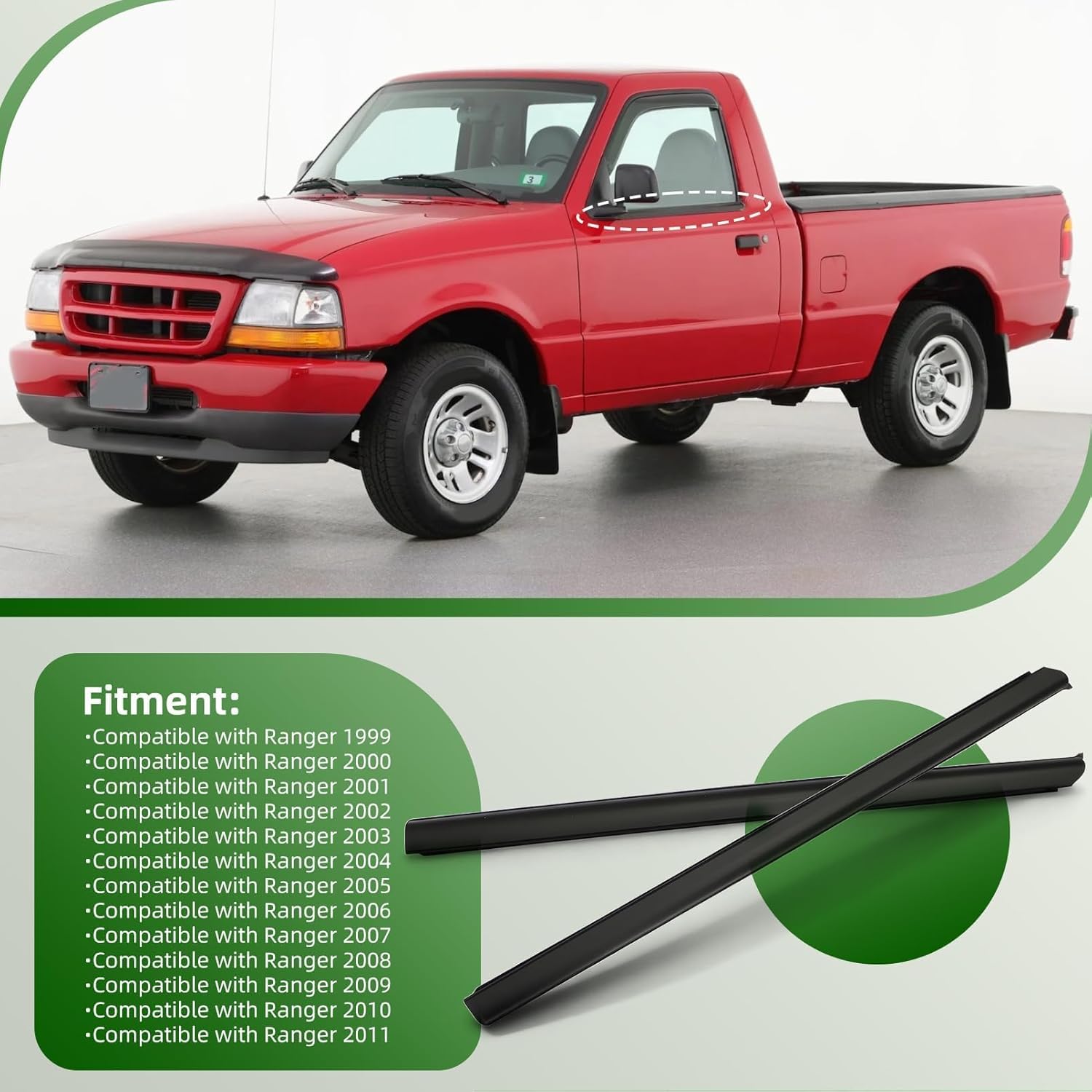 Window Trim Molding Compatible with Ranger 1999-2011 Front Outer Door Weatherstrip Rubber Seal Belt 6L5Z-1021453-AA 6L5Z-1021452-AA