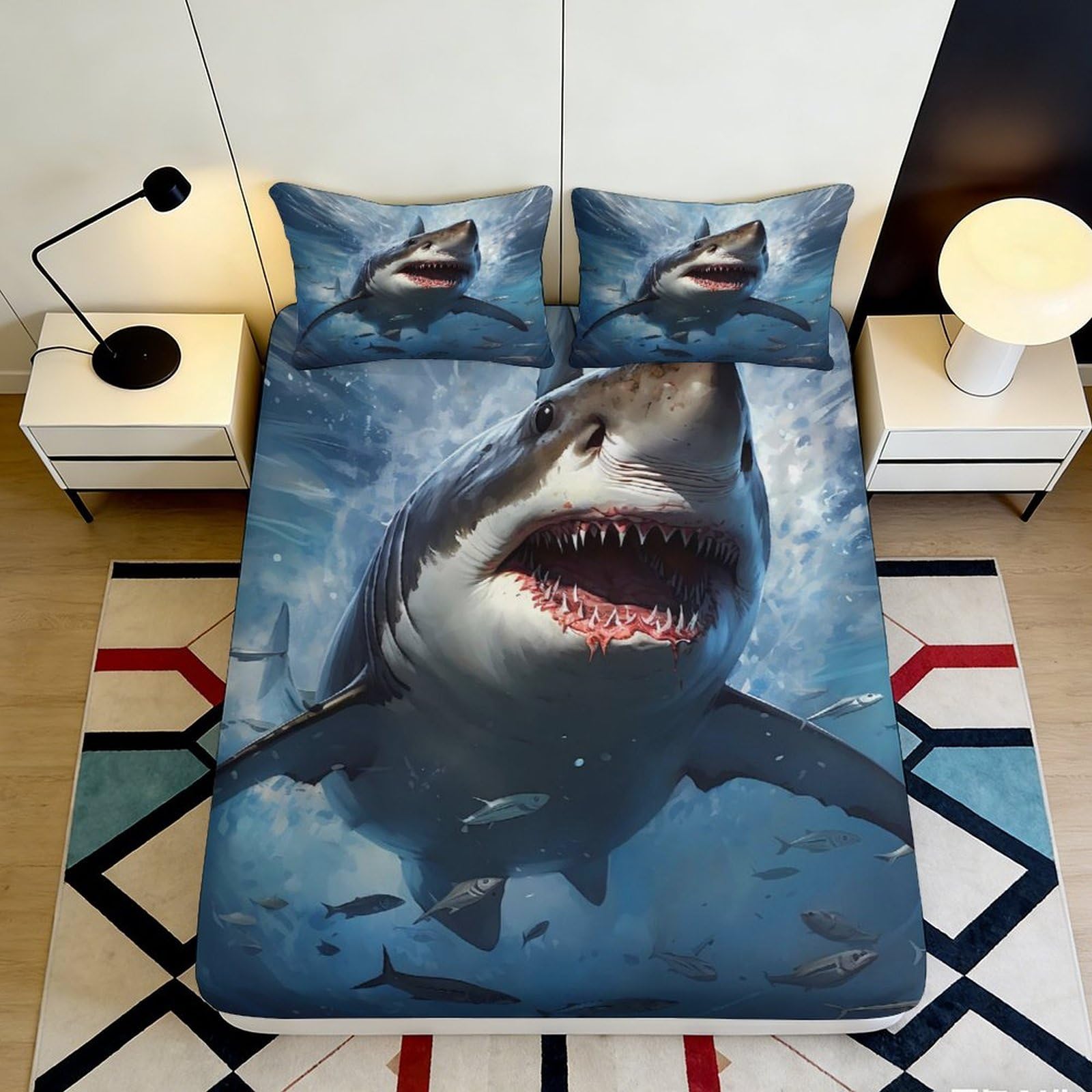 3D Printed Shark Ocean Fitted Sheet Microfiber Anti-Slip Mattress Cover for Bedroom Dorm Decorative Bedding 90x200x25cm
