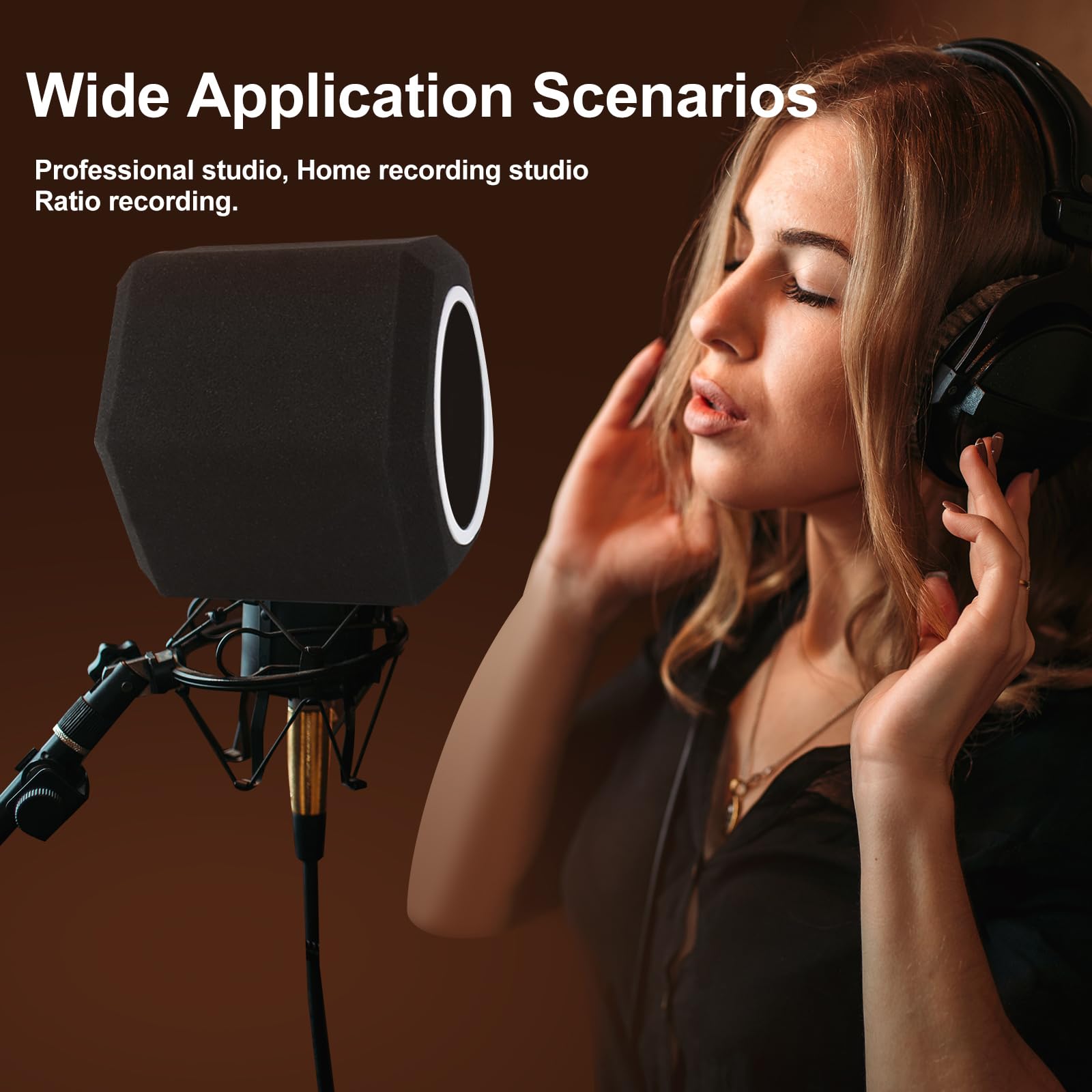 Microphone Wind Shield Pop Filter Isolation Ball, Acoustic for Record Studios Mic, Sound-Absorbing Foam Five-sided Seal Design to Effectively Reduces Noise and Reflections, black