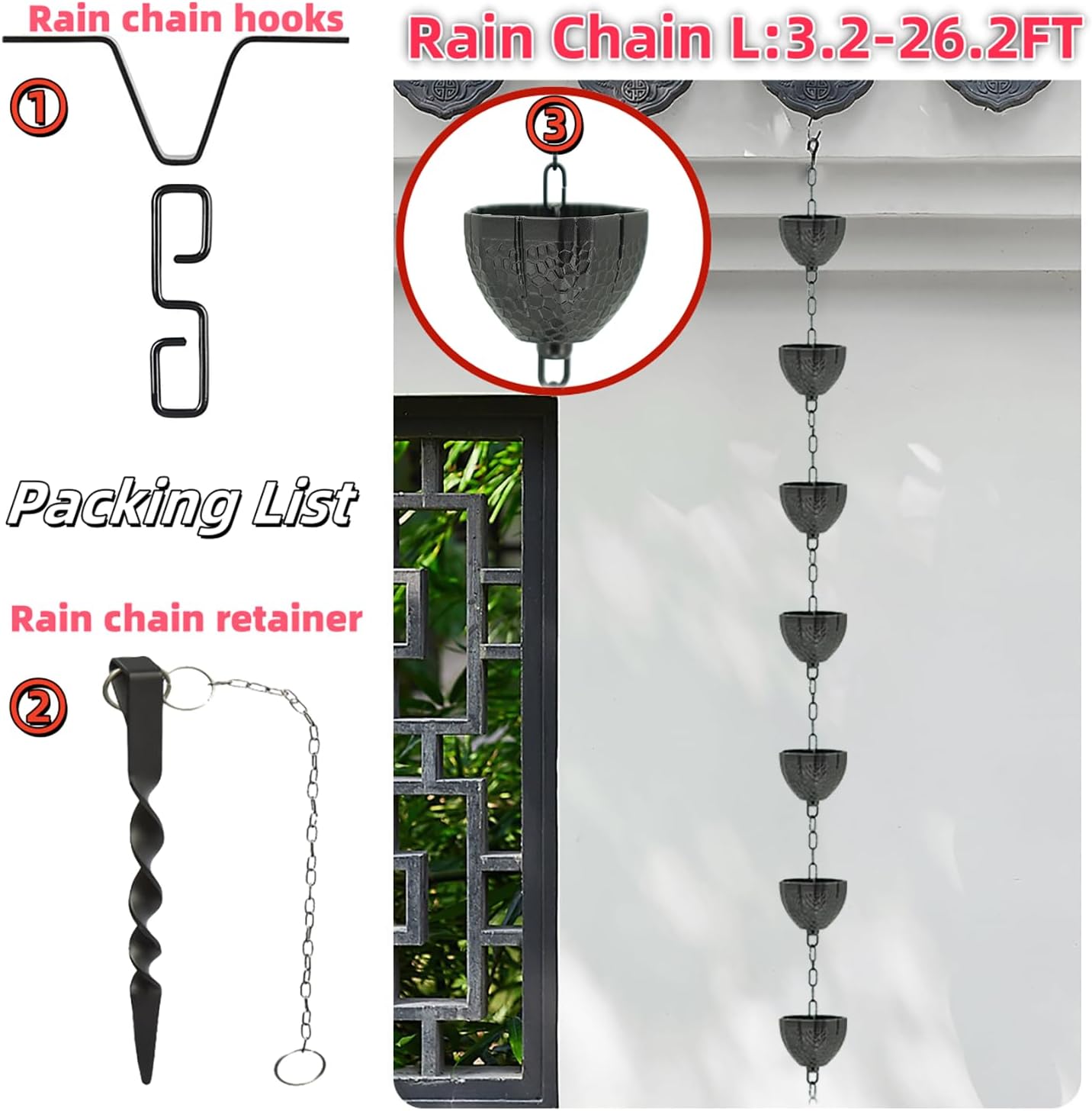 DFTDFYXYAluminum Rain Chain Rain Water Catcher Rain Catcher Chain Outdoor Rain Chains Movable Hanging Decorative Rain Chain with Hooks and Fixings for Eaves Drainage,Patio, Drainage,1.5m(4.9ft)
