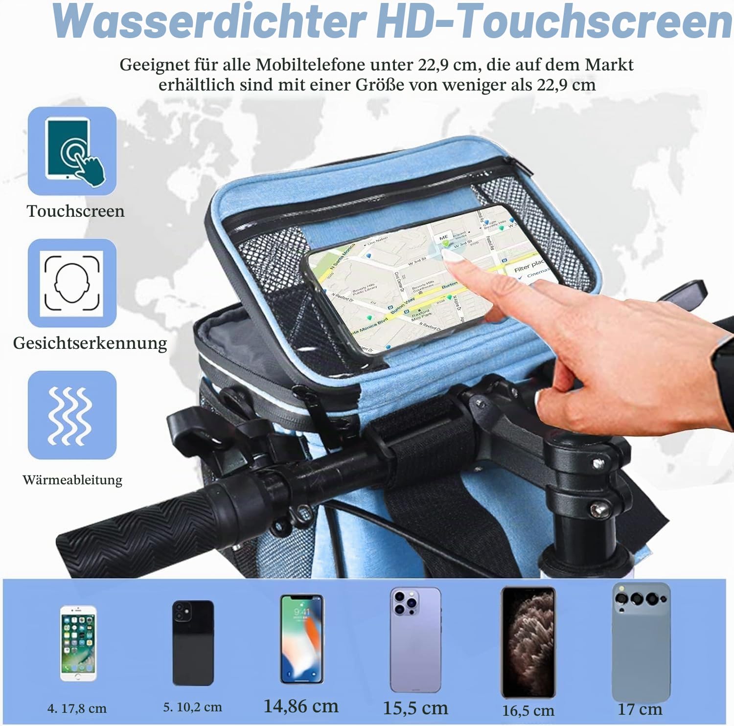 Lenkertasche Fahrrad, 5L Isoliertasche, lunchtasche , Kühltasche,Fahrradtasche Vorne, Fahrradkorb, Wasserdicht Handyhalterung, Lenkradtasche mit Touchscreen und abnehmbar Schultergurt Wasser blau
