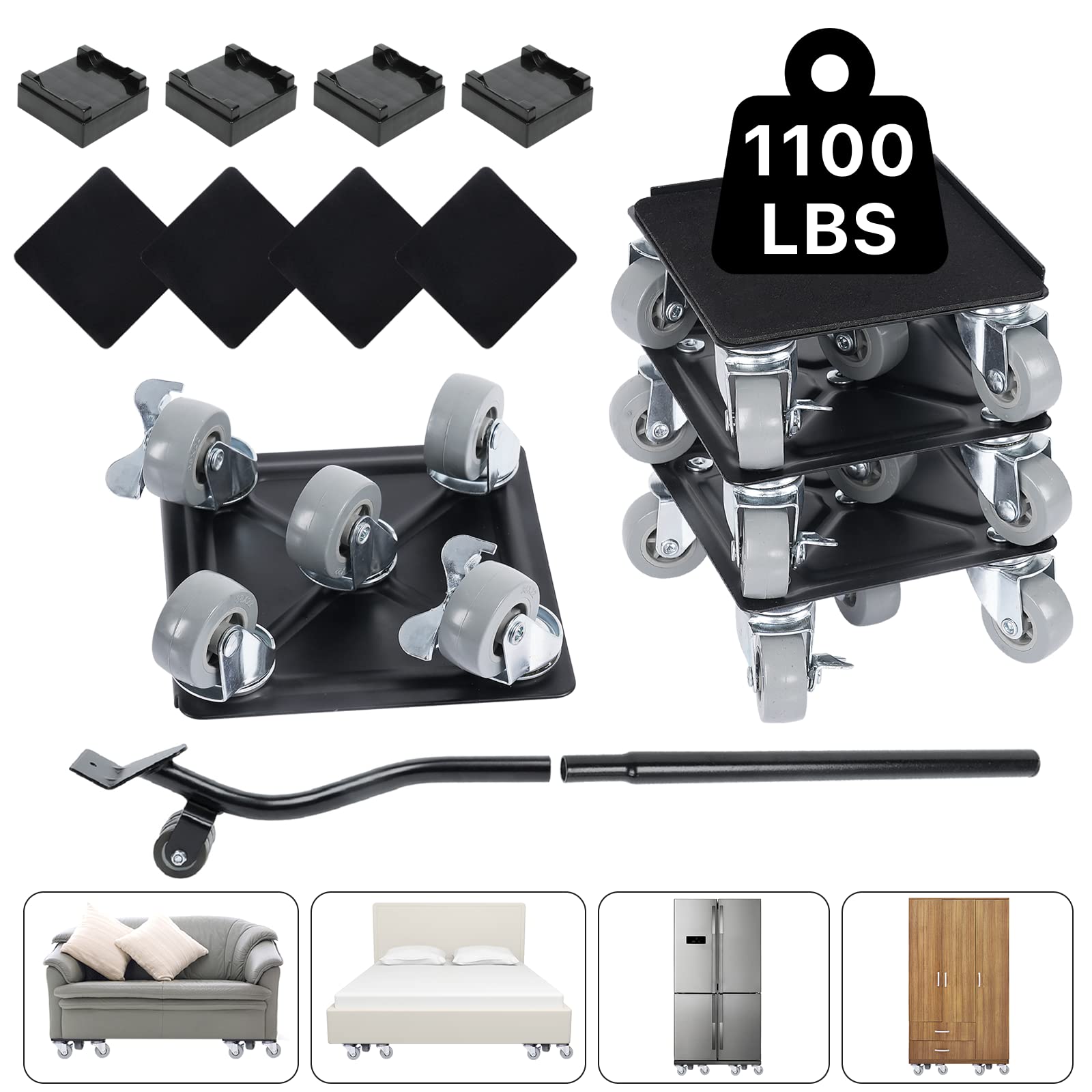 [2023] Heavy Duty 5-Wheel Furniture Mover Kit with Brakes, 360Â° Rotatable, Supports Up to 1100LBS/500KG, Ideal for Moving Sofa, Bed, Table, and More