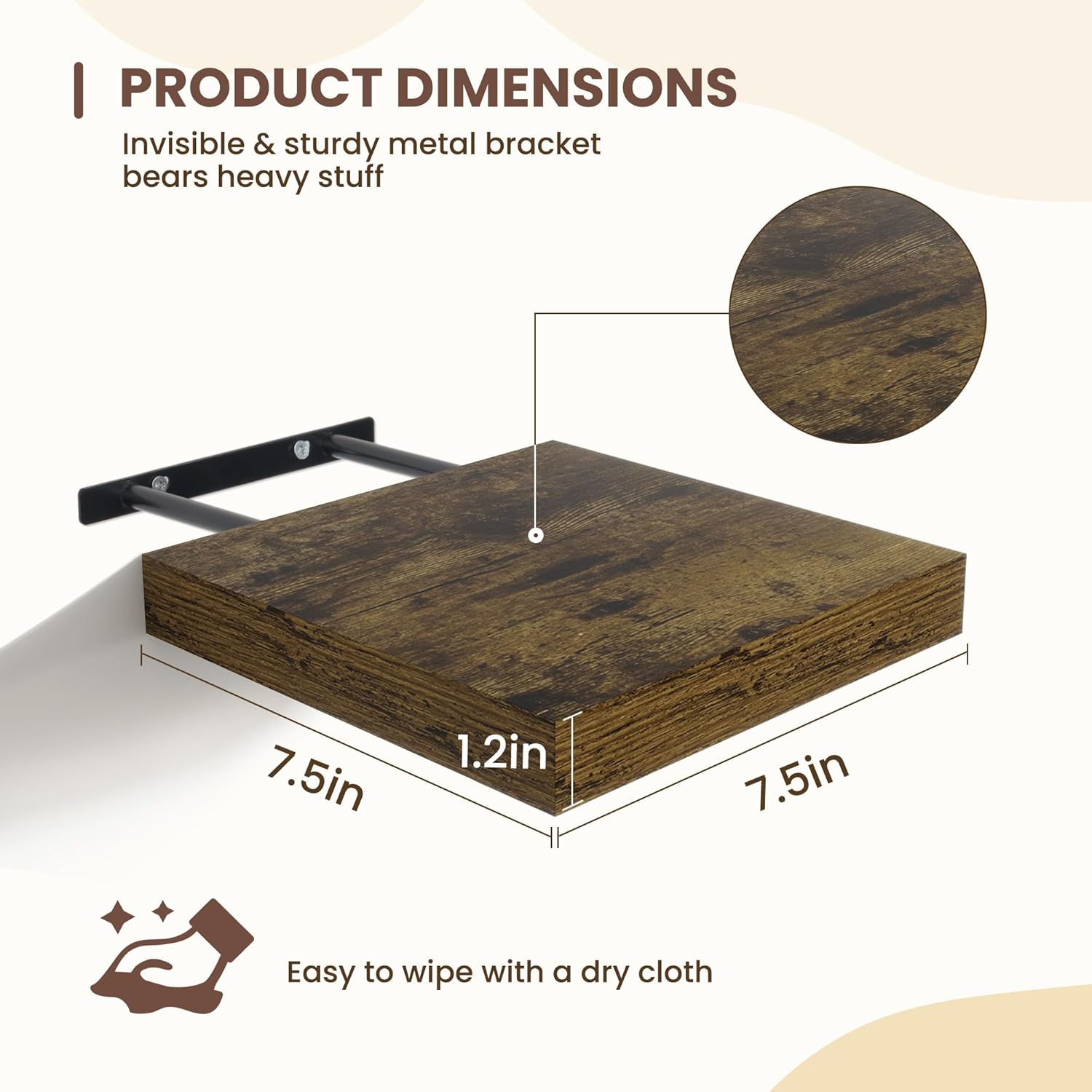 Fun Memories Floating Shelves for Wall - 7.5 Inch Square Shelves with Invisible Brackets, Brown Small Wall Shelf for Living Room, Bathroom, Bedroom, and Kitchen Decor Set of 4