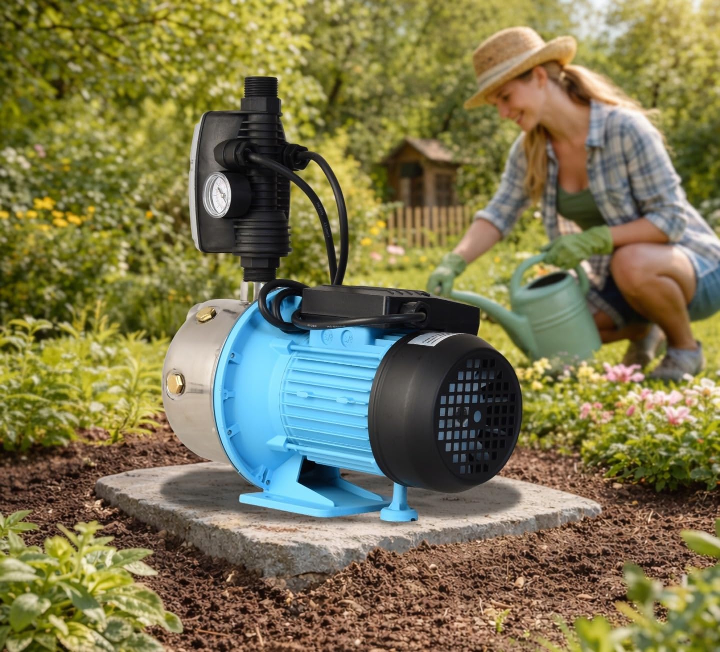 Pompe d'arrosage JX 1100 avec Pressostat Électronique CSK 5 - Pompe à Eau (1100 W, 3600 l/h hauteur max 50 m) Commande de Pompe – Mise en Marche et Arrêt Automatiques - Protection Fonctionnement à Sec