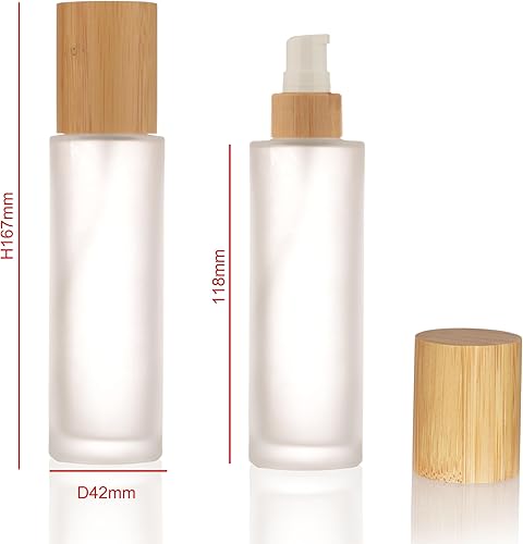 Miniatura 2 de COSIDEA 4 tapas vacías de bambú de 3.33 onzas  3.4 fl oz, botella de vidrio esmerilado con dispensador de bomba de loción, botellas de crema
