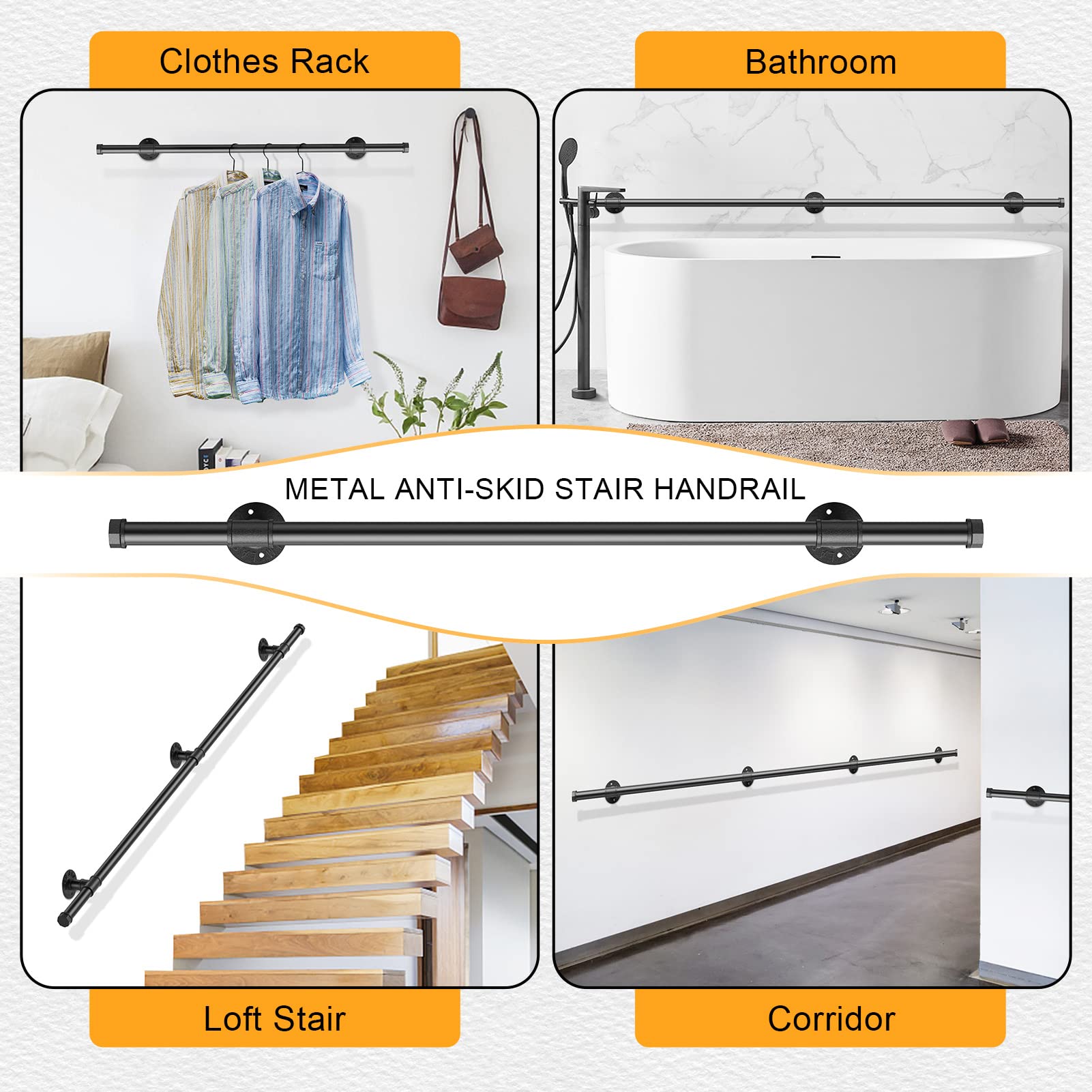 Pasamanos para Escaleras, VAYOTOY Barandilla Escalera Pasamanos Estilo Industrial Profesional Negro con tubo de acero Galvanizado Industrial Antideslizante para Cocina Baño Jardín, 1M