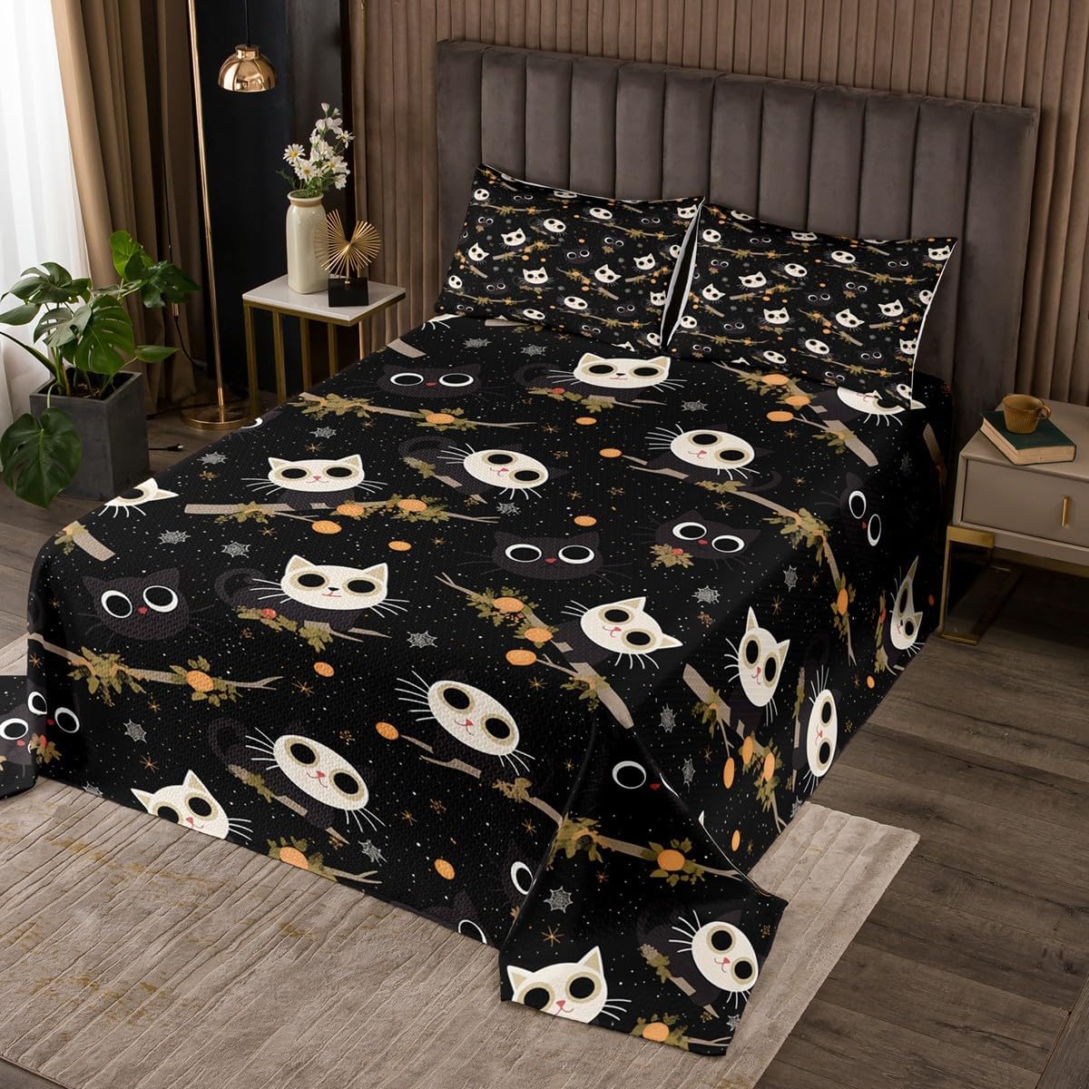 Happy Halloween Bedspread Queen Size,Black White Cat Tree Branch Bedding Set for Kids Girls Boys Room Decor,Spider Web Glitter Dot Quilt 3Pcs,Black Boho Animal Coverlet Set,2 Pillowcases