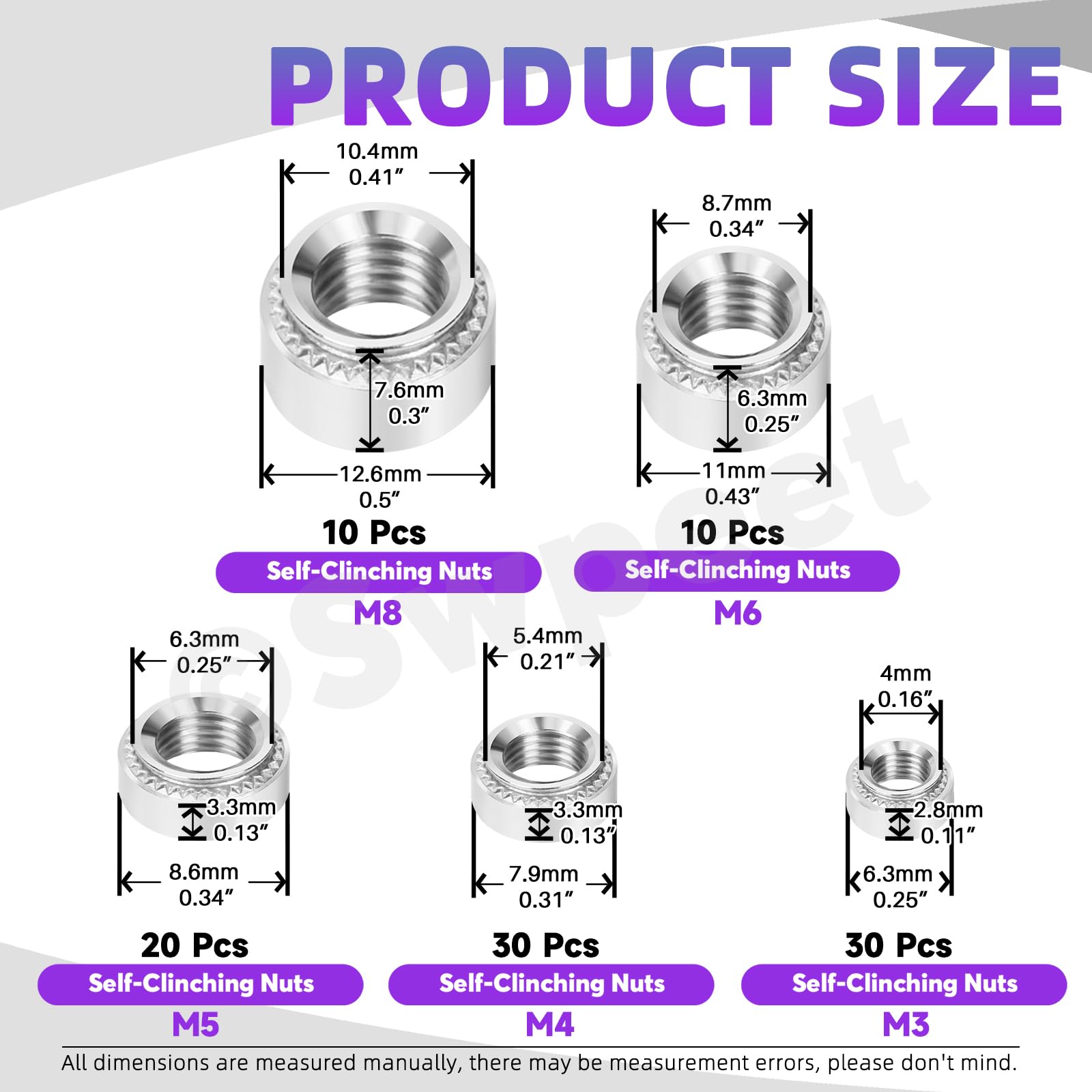 Swpeet 100Pcs 5 Sizes M3 M4 M5 M6 M8 Silver 304 Stainless Steel Knurled Self Clinching Nuts Assortment Kit - Image 2