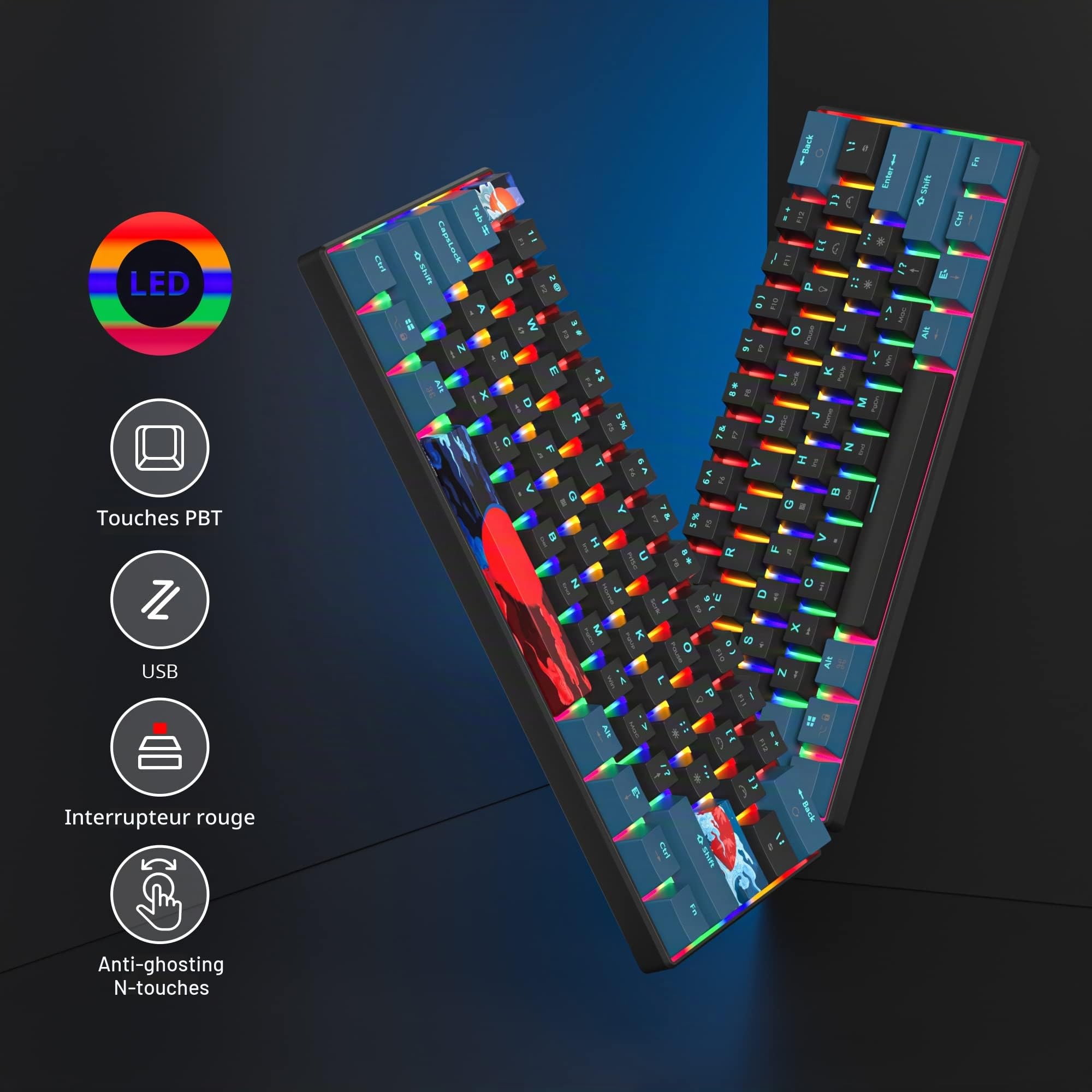 60% Clavier Gaming pour PC, Mini Clavier Gamer 60 Pourcent Mecanique, Filaire Clavier Gamer 60% USB American QWERTY Ultra-Compact à 61 Touches pour Gamer Win/Mac