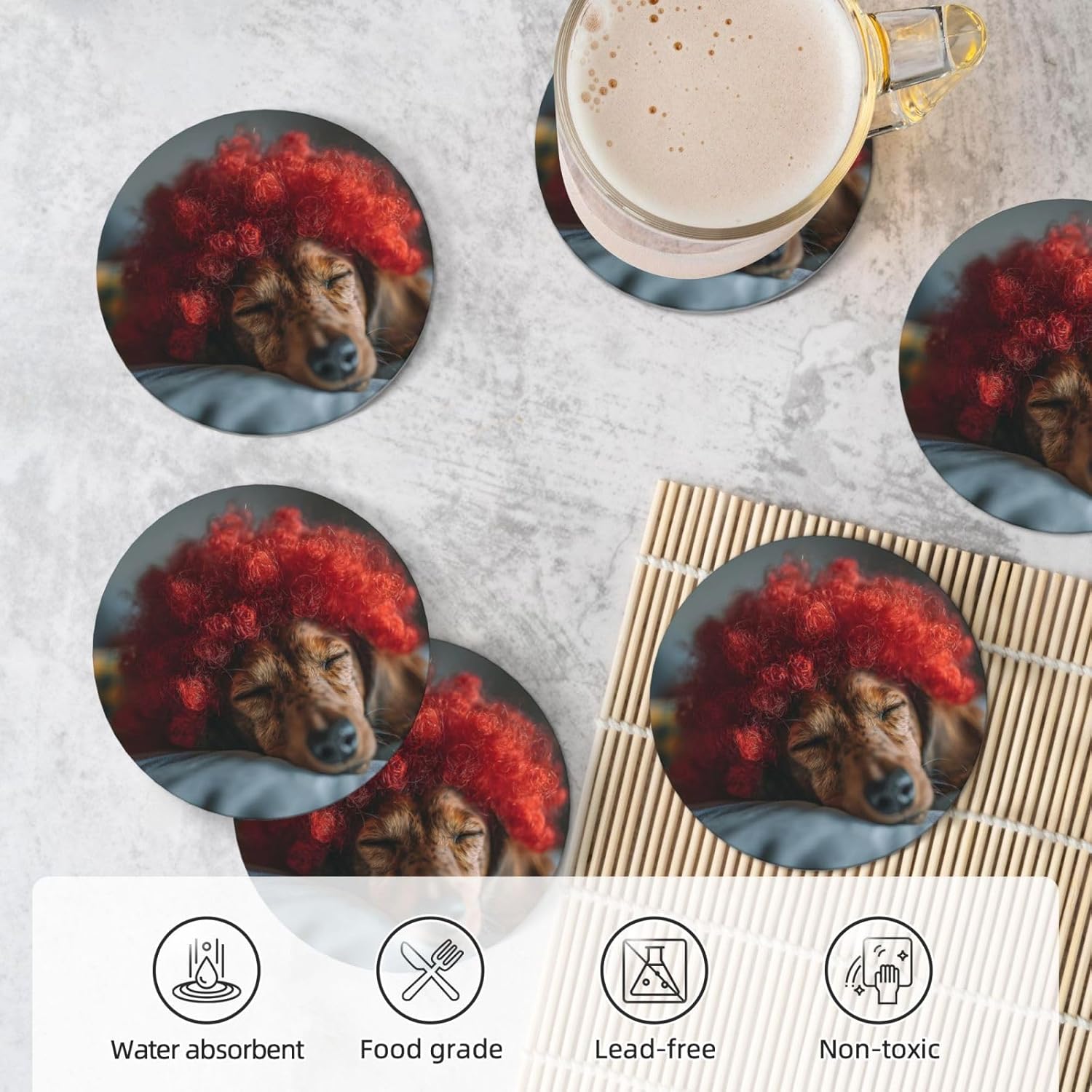 (Dachshund) Ceramic Coasters Set of 6 with Holder Non-Slip Round Coffee Coasters for for Cup Mug Drink Patio Coffee Table Decor, Christmas Coasters Home Bar Supplies