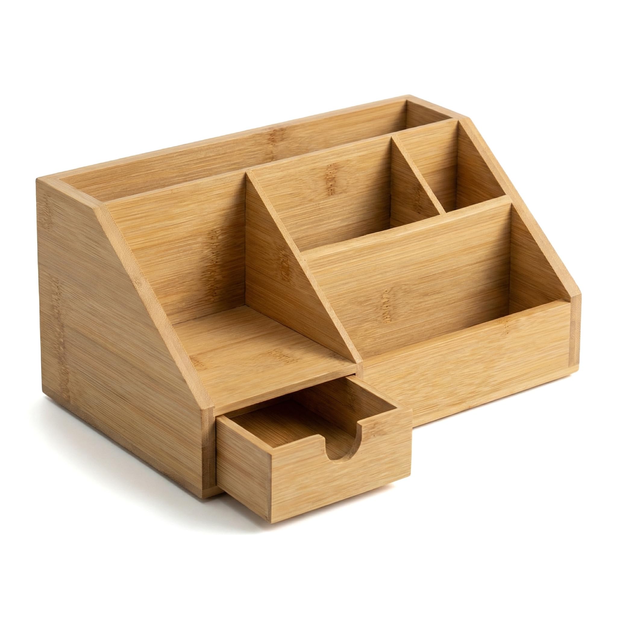 Holz Schreibtisch Organizer 24.5x15x11cm Büro Organizer mit 7 Fächer und Schublade Aufbewahrungsbox Fernbedienung Halterung Stiftehalter Schreibtischablage Tischorganizer für Büro und Zuhause