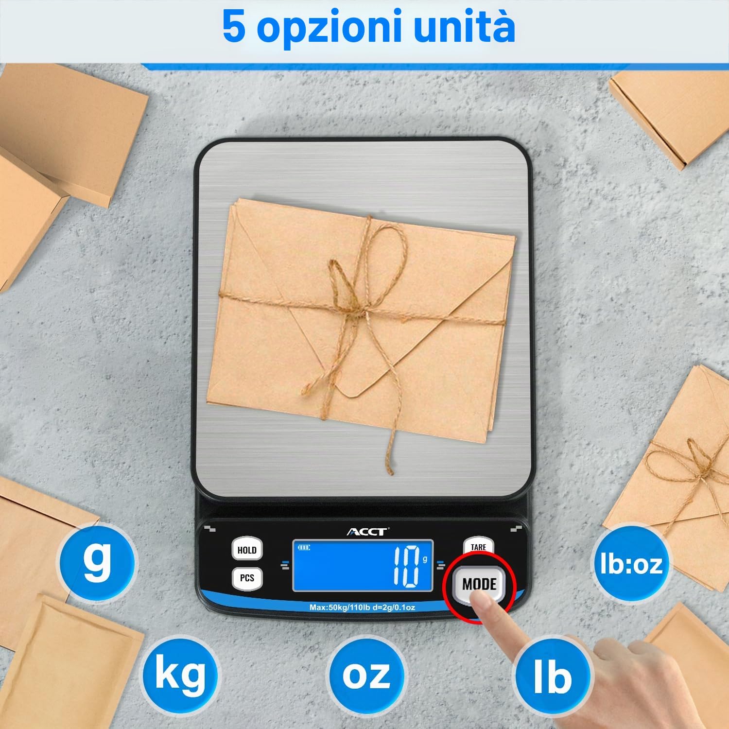 110lb Postal Scale - Bilancia per spedizioni ad alta precisione con funzioni di tara, conteggio e mantenimento, 5 unità, perfetta per spedizioni postali, pacchi e lettere, con nastro adesivo