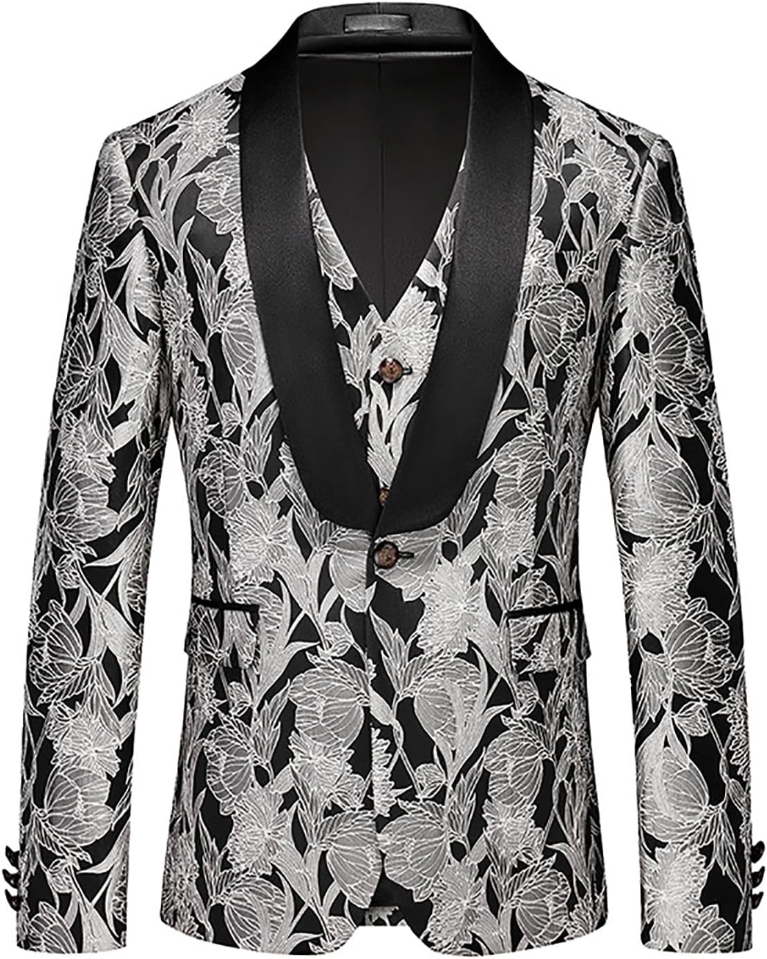 Mens Floral Blazer Jacquard Dress Tuxedo 1 Button Shawl Lapel Casual Suit Jacket for Wedding Prom