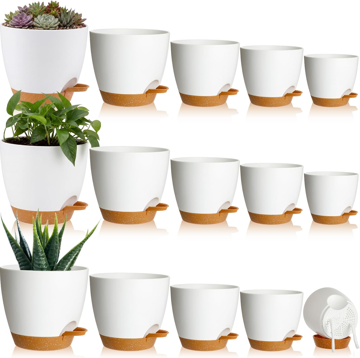 Remerry 15 Pcs 7/6.5/6/ 5.5/5 Inch Self Watering Planters with Drainage Hole Plant Pots Plastic Flower Pots Self Watering Pot and Saucer Reservoir for Garden Plant Flower(Green)