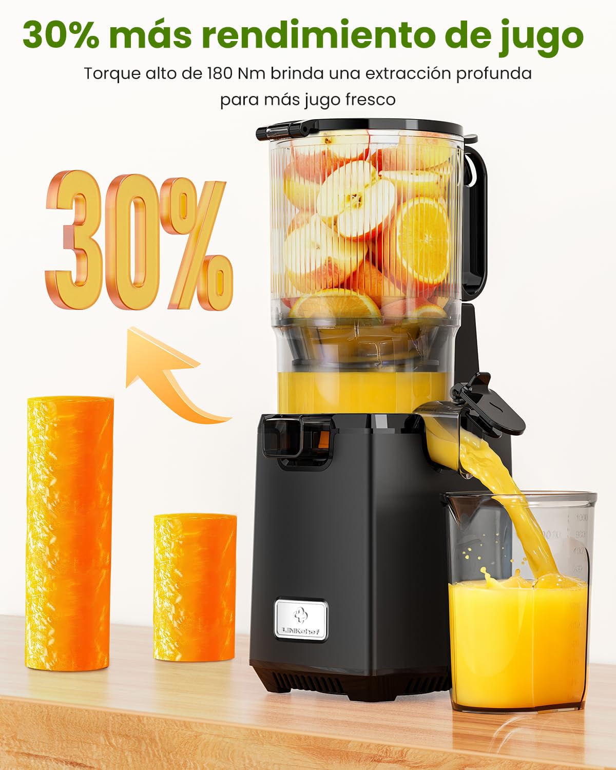 LINKChef Fruta Entera Extractor de Zumos y Verduras, 130mm Calibrey 1,8L Licuadora Prensado en Frio, 250W Extractor de Jugo Juicer Machine, Función de Masticación Inversa, Fácil de instalar y limpiar
