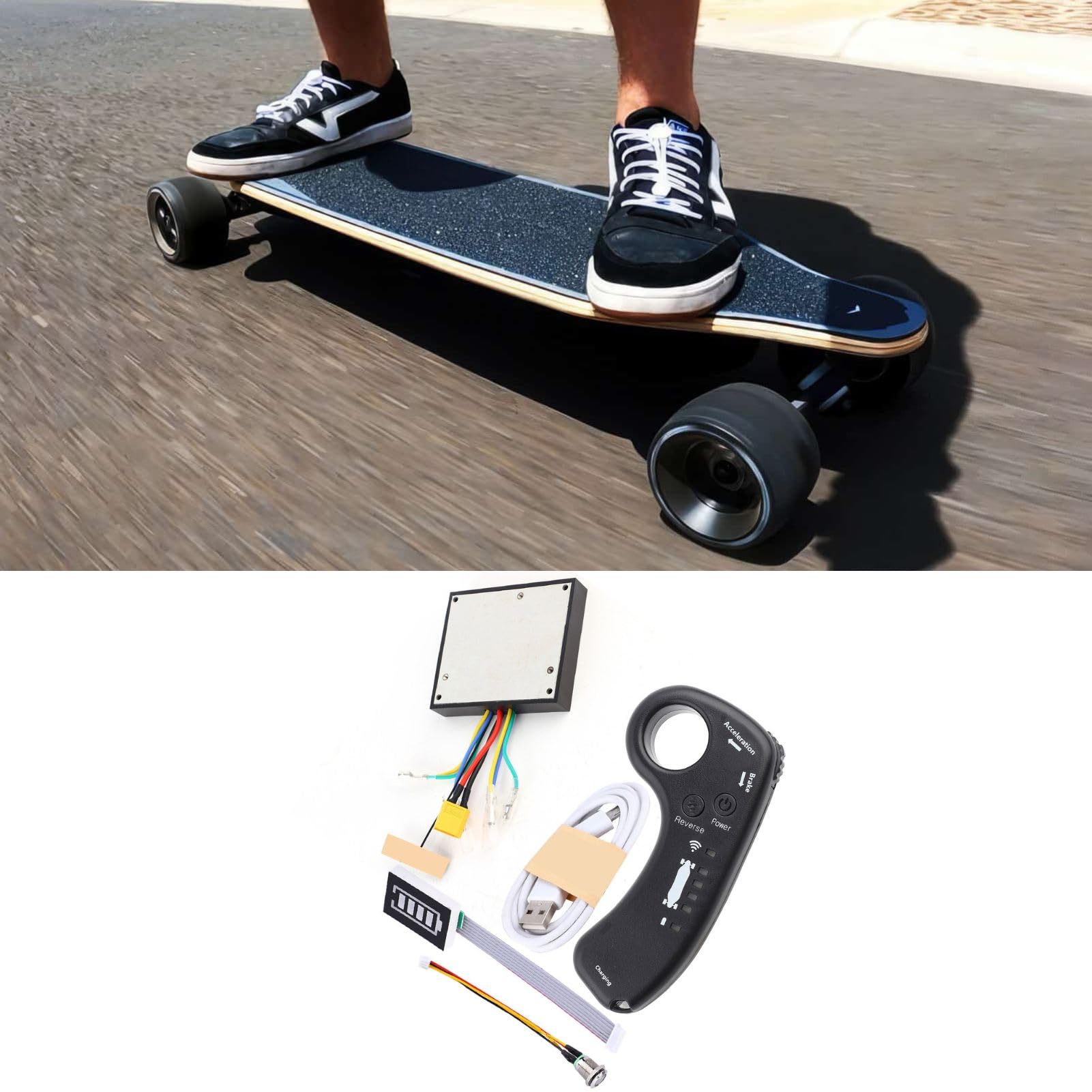Elektro Skateboard Controller ESC Set, 36V 12A 430W Elektrisches Longboard Doppelantrieb Sinuswelle Bürstenloser Nabenmotor Hauptplatine ESC mit Fernbedienung