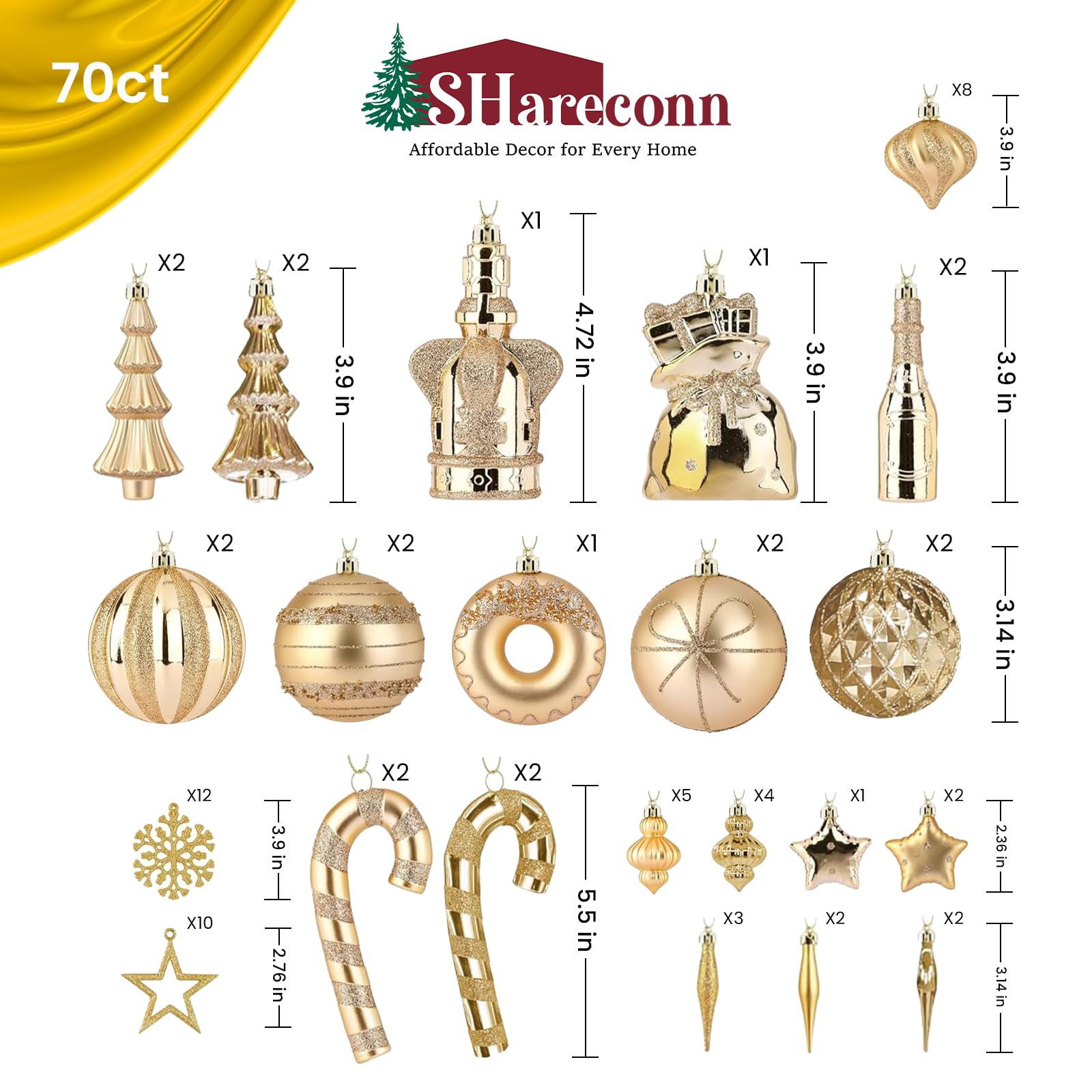 Shareconn 70pcs Christmas Ball Set - Ornements en Plastique incassable, Rubans et décorations pour Le Sapin - Parfait pour Les fêtes de Fin d'année et Les Mariages, Champagne Gold