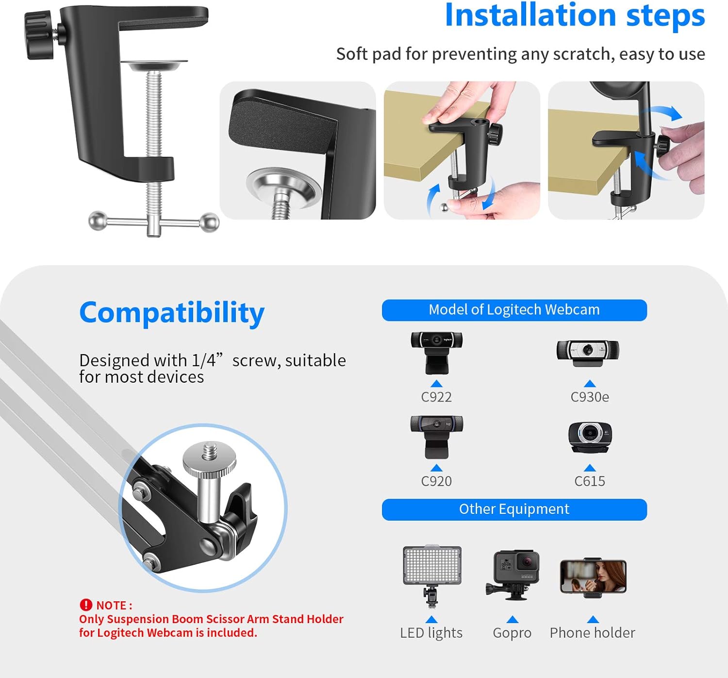 Best Cyber Deals 🔥 Neewer Adjustable Desktop Clamp Suspension Boom Scissor Arm Stand Holder for Logitech Webcam C922 C930e C930 C920 C615, 360 Degree Rotation Swivel Mount, Load up to 2.2 pounds/1 kilogram (NW-39)