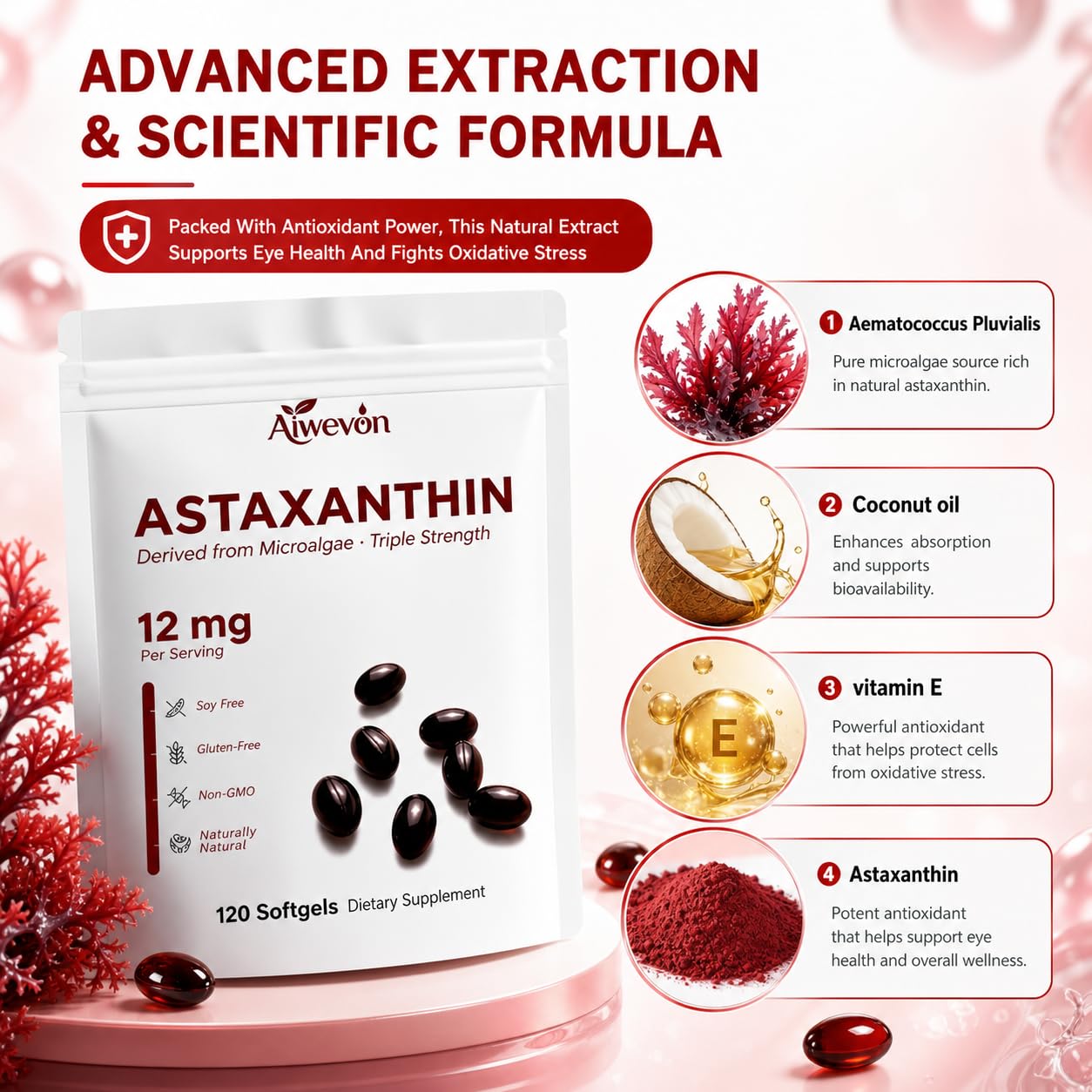 Natural Astaxanthin 12mg 120 Softgels Supplement, Microalgae Derived Astaxanthin with MCT Oil for Enhanced Absorption, Antioxidant Support for Skin Eye Heart Joint Wellness, Non-GMO Gluten Free — Amazon image 2