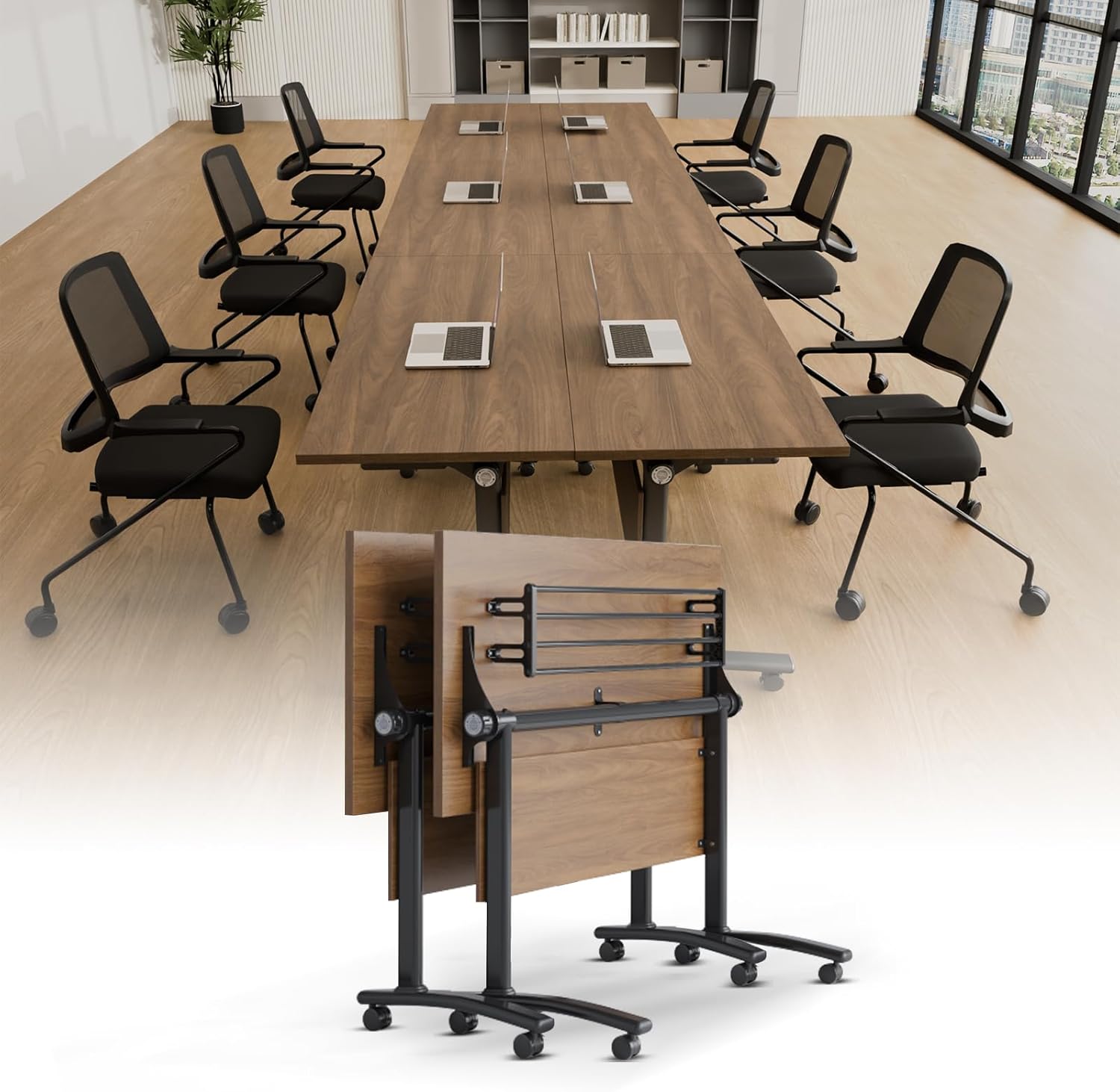 Conference Room Table,Modular Large Folding Conference Table with Wheels,Flip-Top Mobile Training Tables for Office Meeting Classroom Seminar (2, Walnut, 55in)