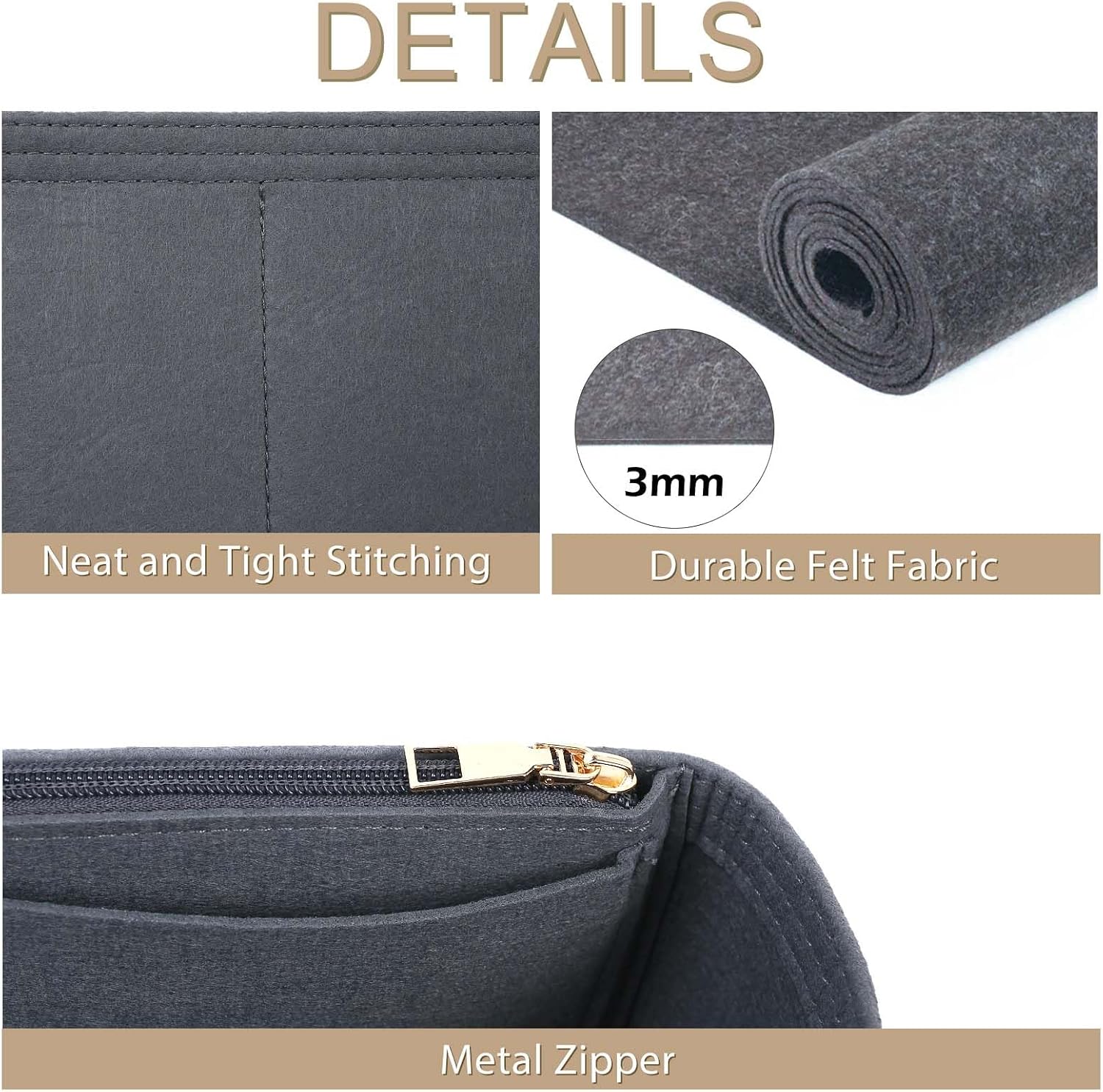 Surblue Purse Organizer Insert for Handbags, Felt Bag Organizer with Zippers Handbag Shaper Pouch for Classic 19 Flap Bag, Marmont, Onthego,（Grey, Slender S） image 4