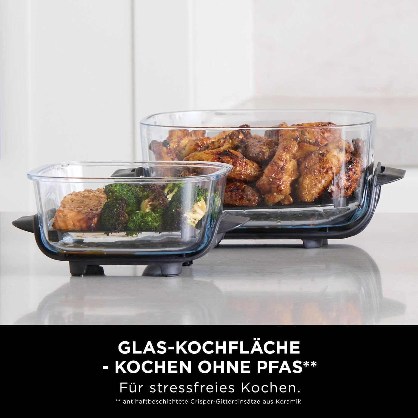 Ninja CRISPi TempWare 2er-Schüssel-Set: Glasbehälter (1,4 l) mit Schnappverschlussdeckeln, wärmebeständiger Heißluftfritteusen-Glasbehälter, BPA-freier Deckel für Transport XSKLIDPLT2EUUK