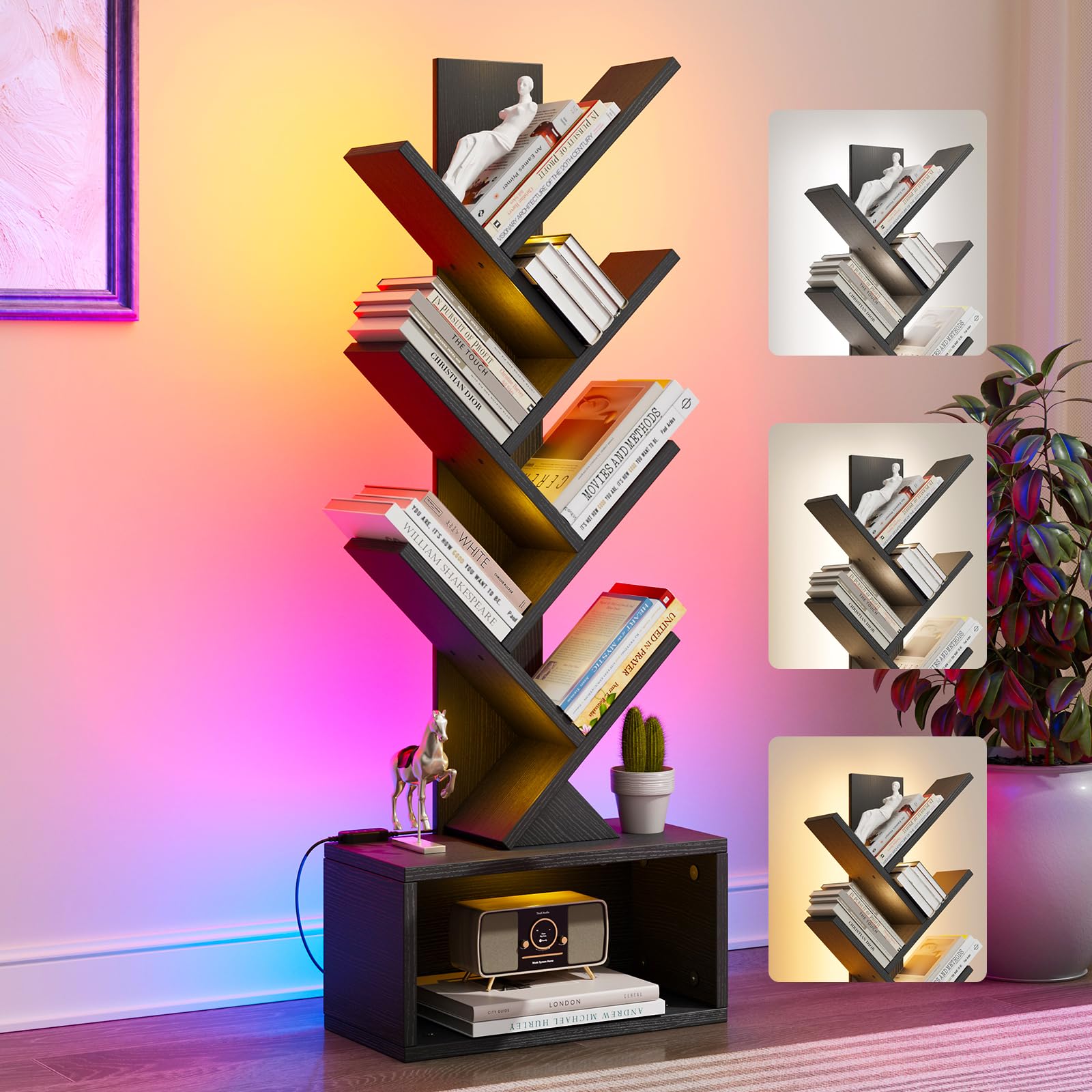 Evermagin 6 Tier Tree Bookshelf with Lights, LED Book Tree Bookcase with Storage Organizer, Small Corner Bookshelf Floor Standing Book Shelf for