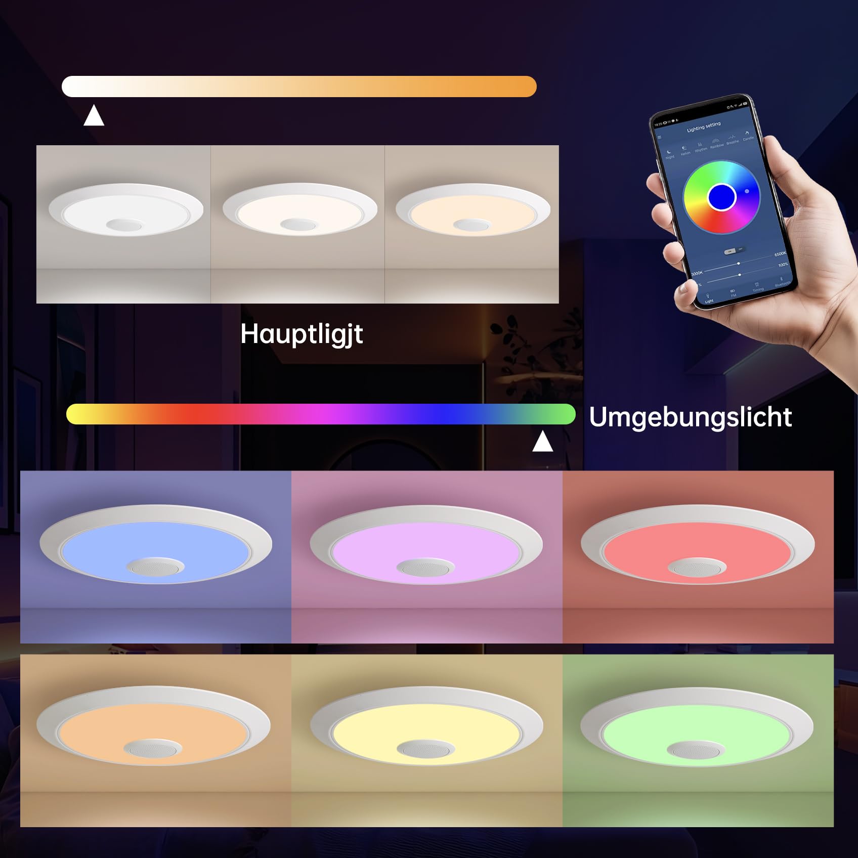 JDONG LED Deckenleuchte Dimmbar 72W mit Bluetooth Lautsprecher Rund Badezimmer led Deckenlampe mit Fernbedienung und APP RGB Farbwechsel Einstellbar für Schlafzimmer Wohnzimmer Ø60cm