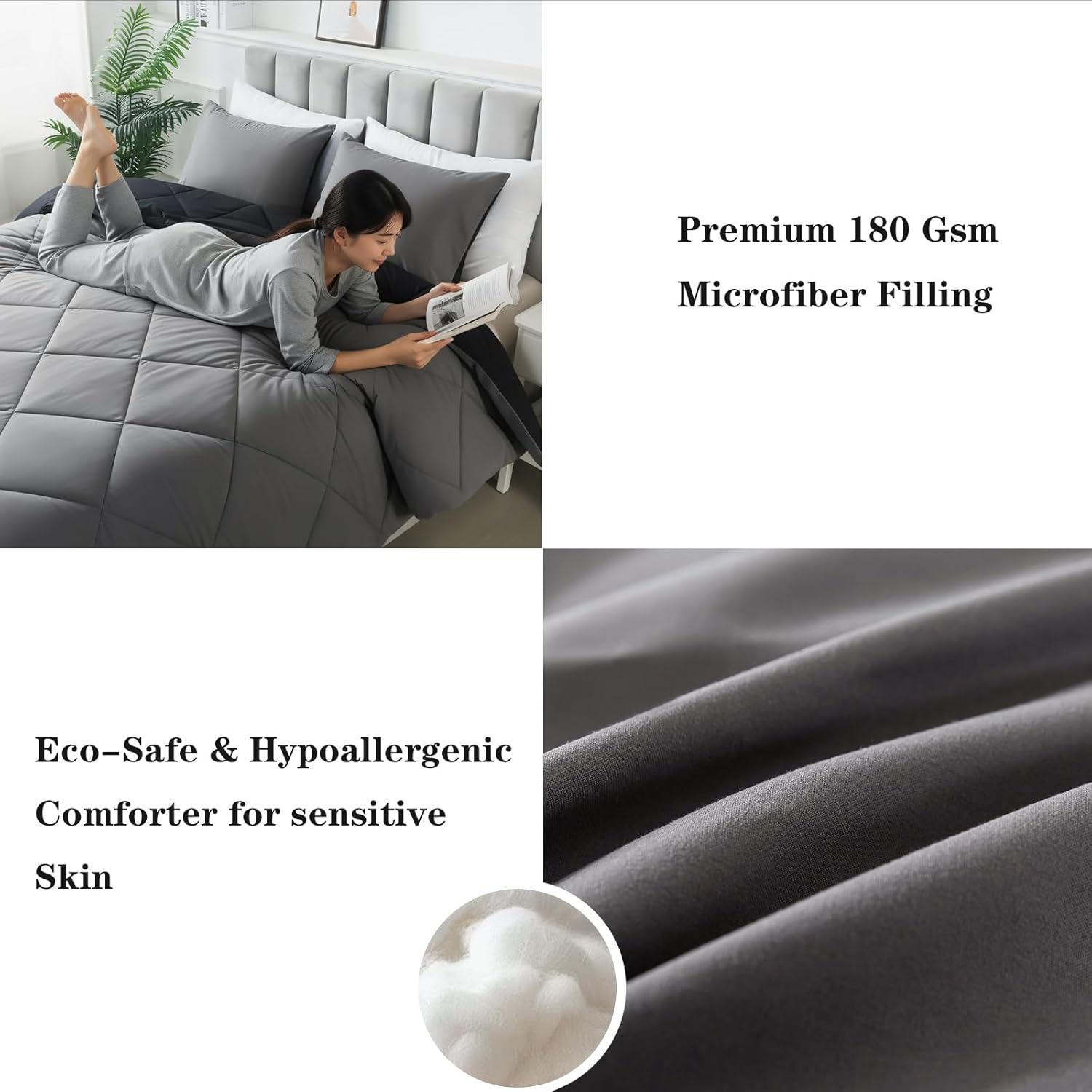 3-Piece King Comforter Set,All-Season,Soft & Hypoallergenic &Breathable Bedding,Polyester Quilted,Down Alternative(Comforter*1 & Pillowcases*2),Black/Dark Gray