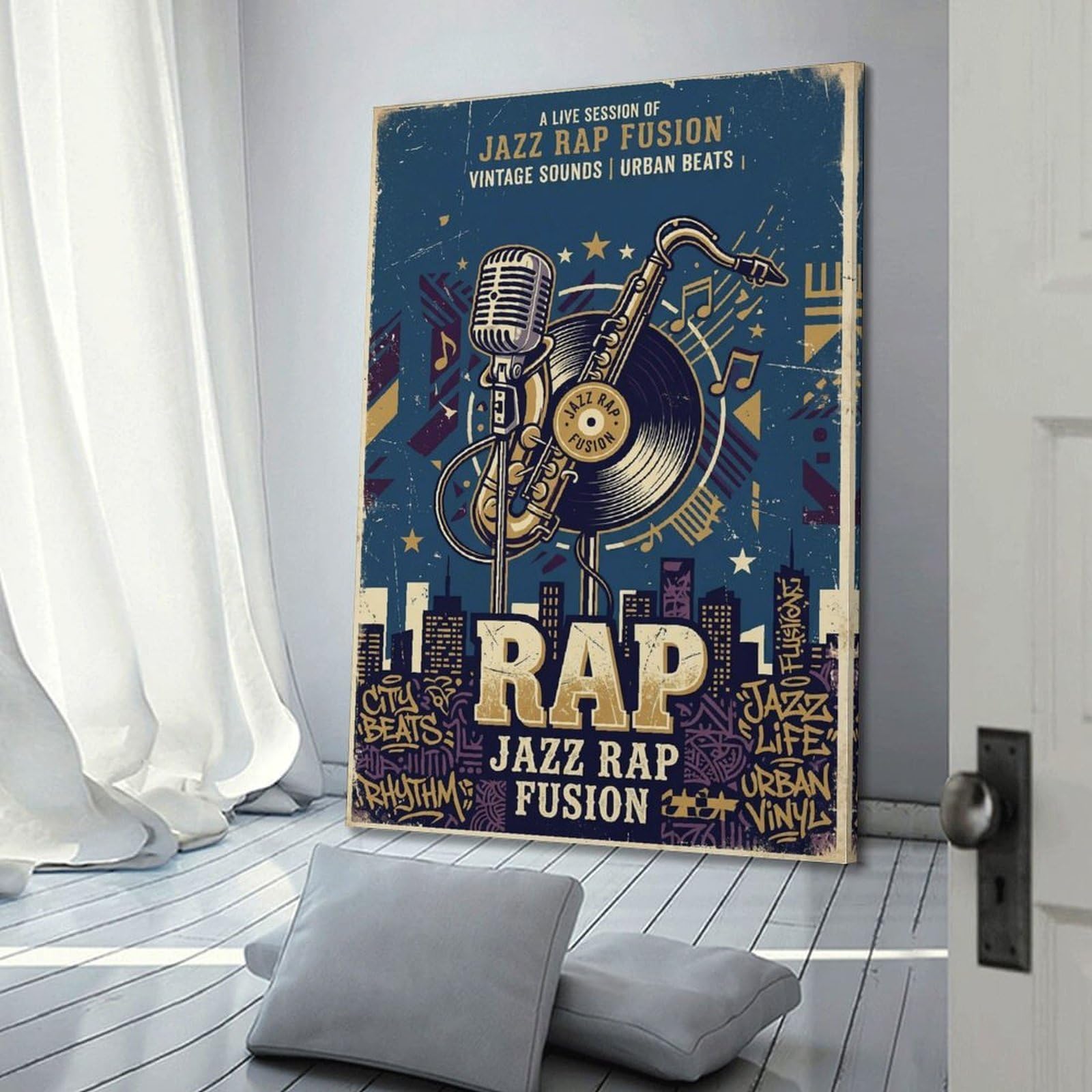 XKUGA Jazz Rap-Fusion-Poster, Saxophon, Vinyl-Schallplattenkunst, modern, dekorativ, Leinwanddruck, ideale Wandkunst für Familie, Männerhöhle, Spielzimmer, Jungen- und Mädchenzimmer, 40 x 60 cm