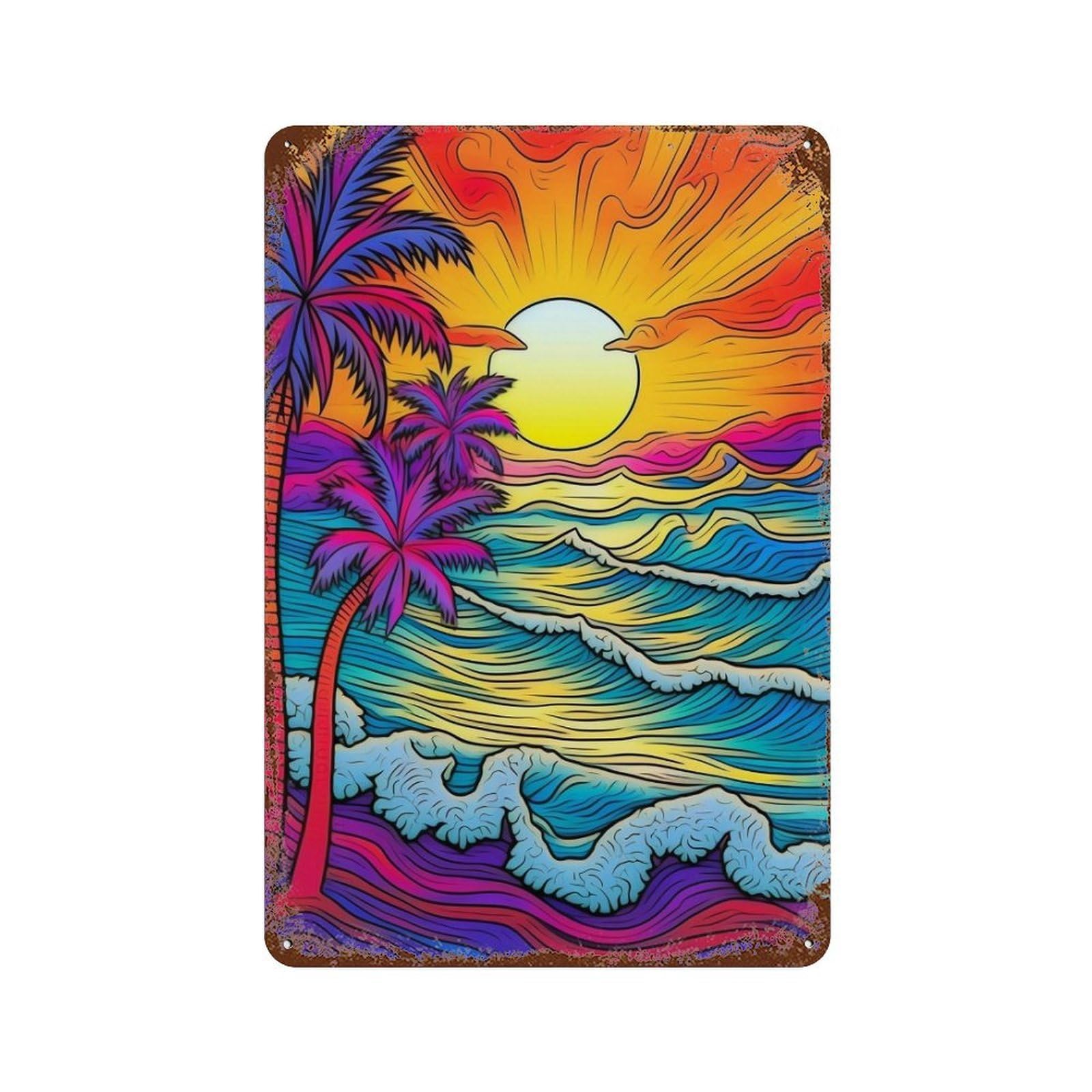 Vibrant Tropical Sunset Scene Aged Metal Wall Plaque 11.8"x7.9", Industrial Home Decor for Garage, Pub Or Kitchen