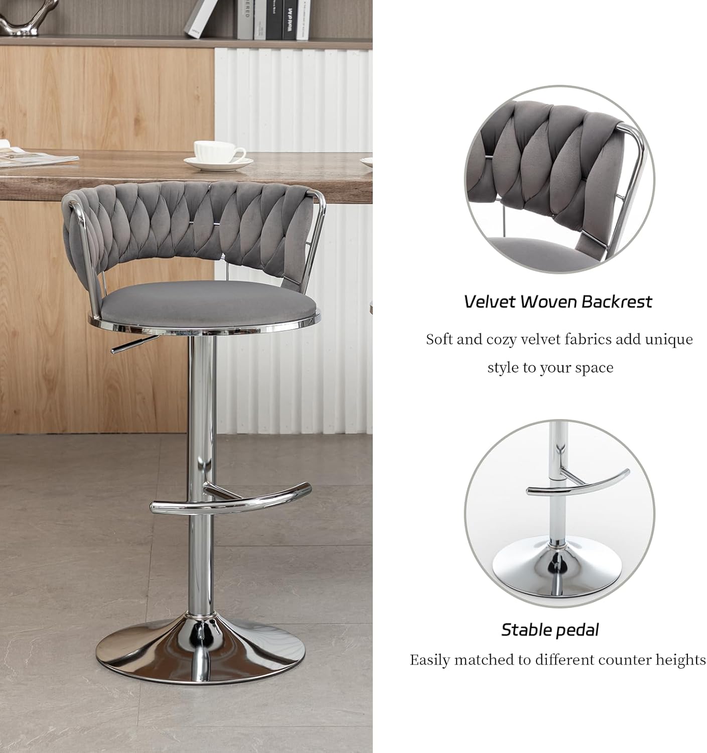 Riknuxi Velvet Bar Stools Set of 2, Counter Height Barstools with Low Back, Swivel Bar Stool for Kitchen Island, Pub (Grey)