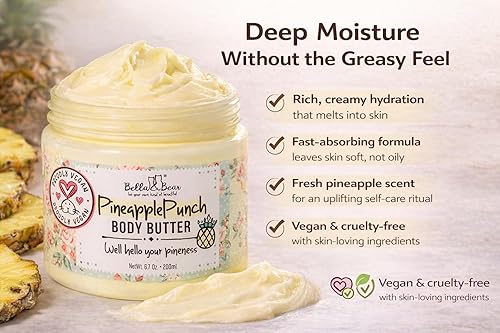 Miniatura 2 de Bella & Bear - Mantequilla corporal de piña – Crema corporal hidratante vegana, hidratación de absorción rápida, aroma fresco de piña