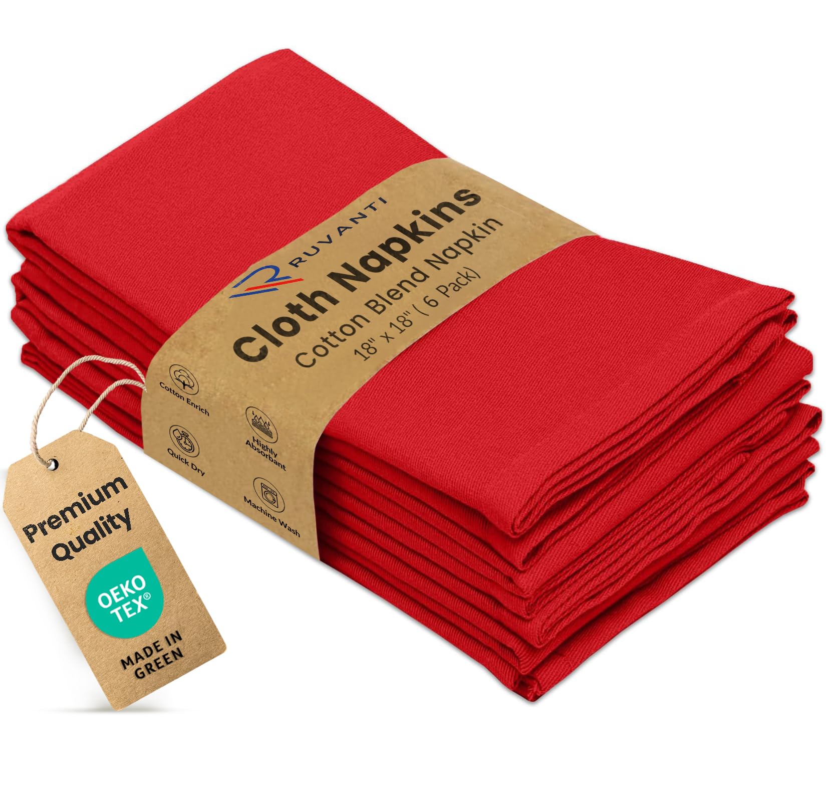 Ruvanti Cloth Napkins Set of 6, Cotton Enrich 18”x18” - Red