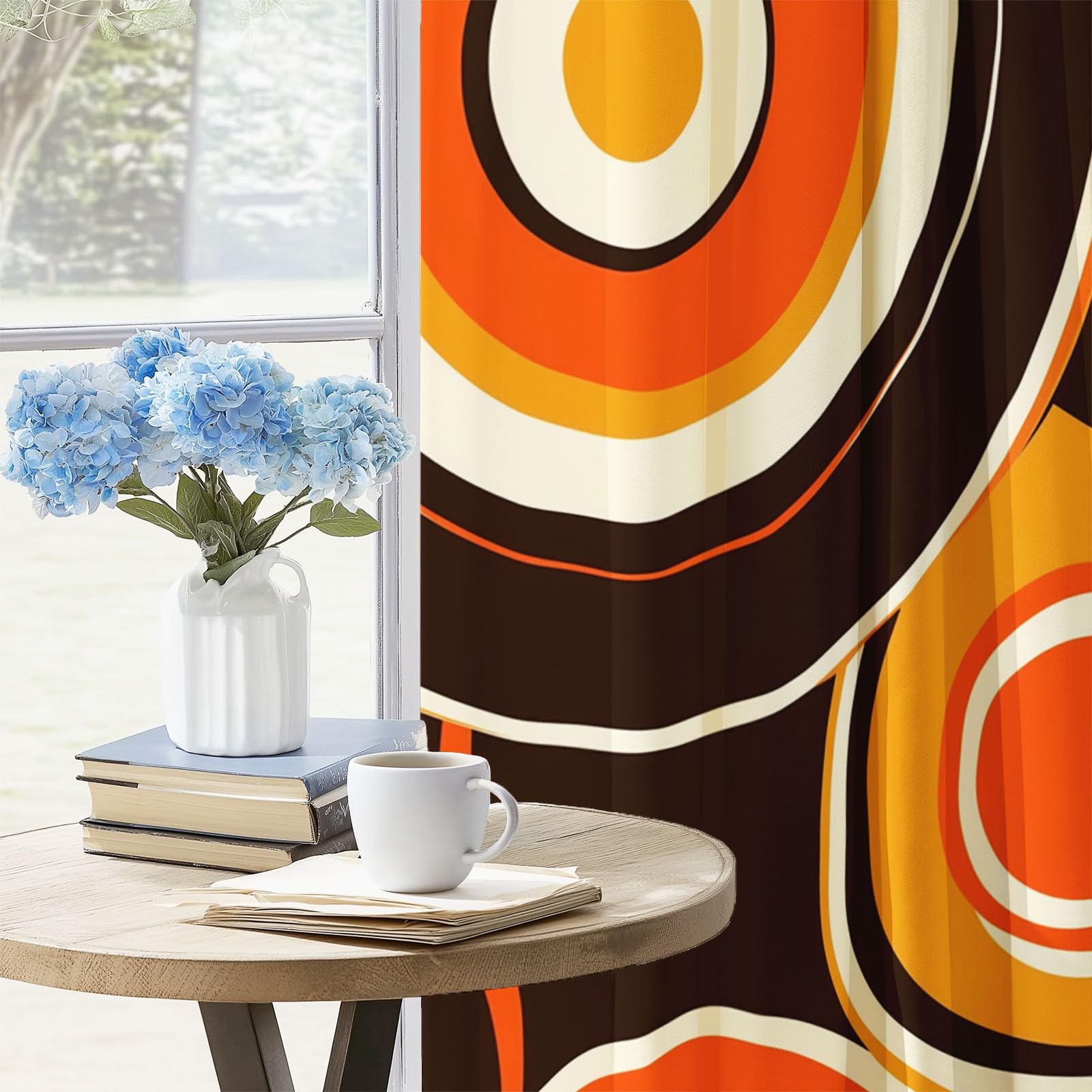Orange Marron Rideau Occultant Thermique Isolant Cercles Géométriques Abstraits Rétro 3D Imprimé Tenture Opaque à Oeillets Isolation Lumiere UV Decoration Chambre Salon, 150L X 280H cm (2 Panneaux)