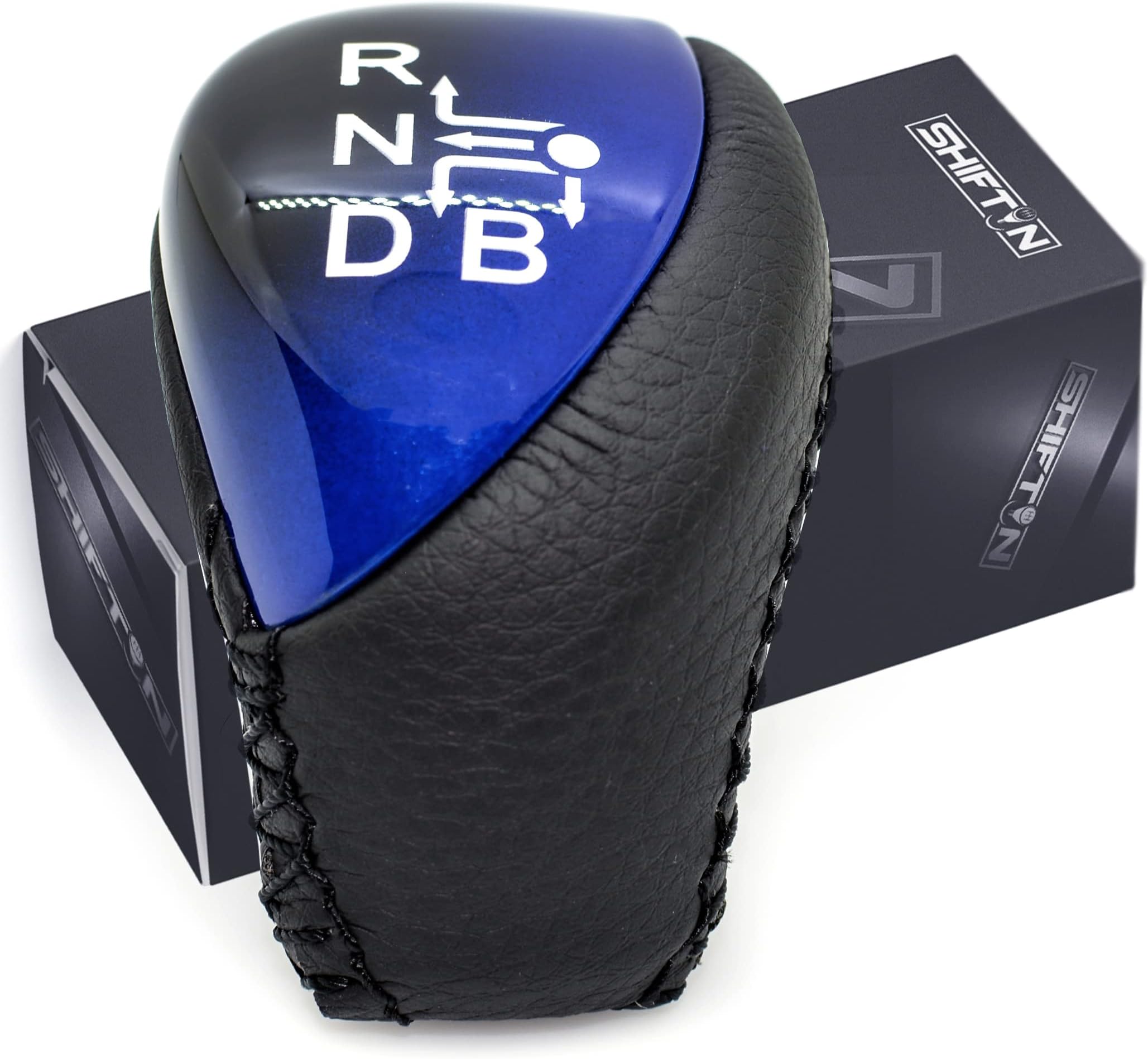 Black Leather Blue Grain Black Wood Gear Shift Knob for Toyota Auris Prius Plug-in Hybrid (Black Leather/Blue)