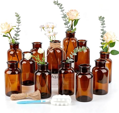 PINIWON Set of 12 Amber Bud Vases, Vintage Small Glass Vases | Medicine Bottles Apothecary Jars with Brush, Flower Vases for Home Decor, Wedding Centerpieces