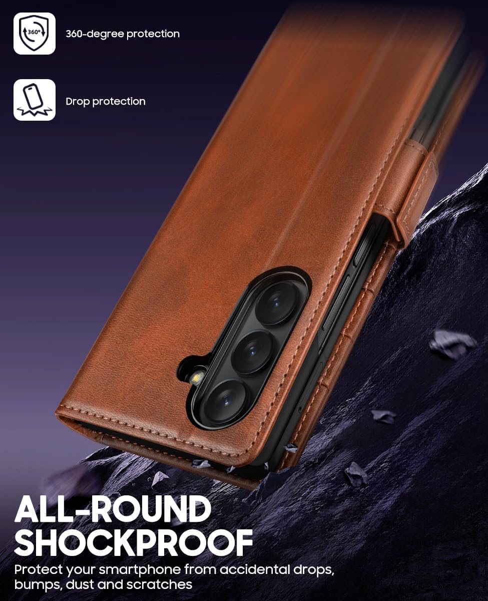 OCASE for Galaxy Z Fold7 Wallet Case, PU Leather Flip Folio with Card Slots, RFID Blocking, Kickstand & Wrist Strap, Phone Cover for Galaxy Z Fold 7 2025, Brown