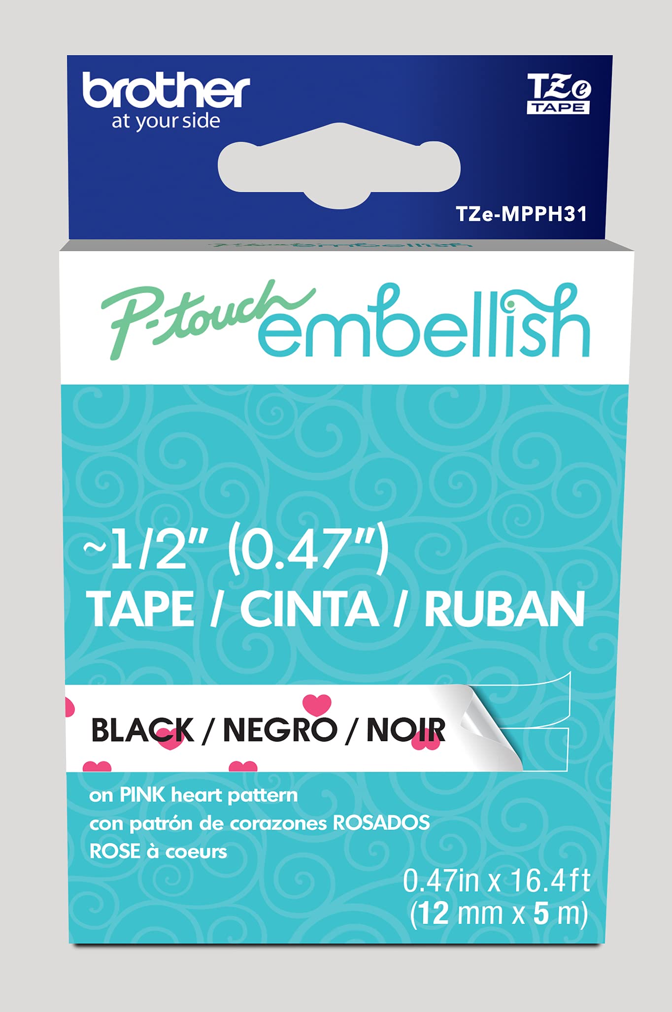 Brother P-Touch Embellish Black Print on Pink Hearts Patterned Tape TZEMPPH31 – ~½” Wide x 13.1’ Long for use with P-Touch Embellish Ribbon &amp; Tape Printer