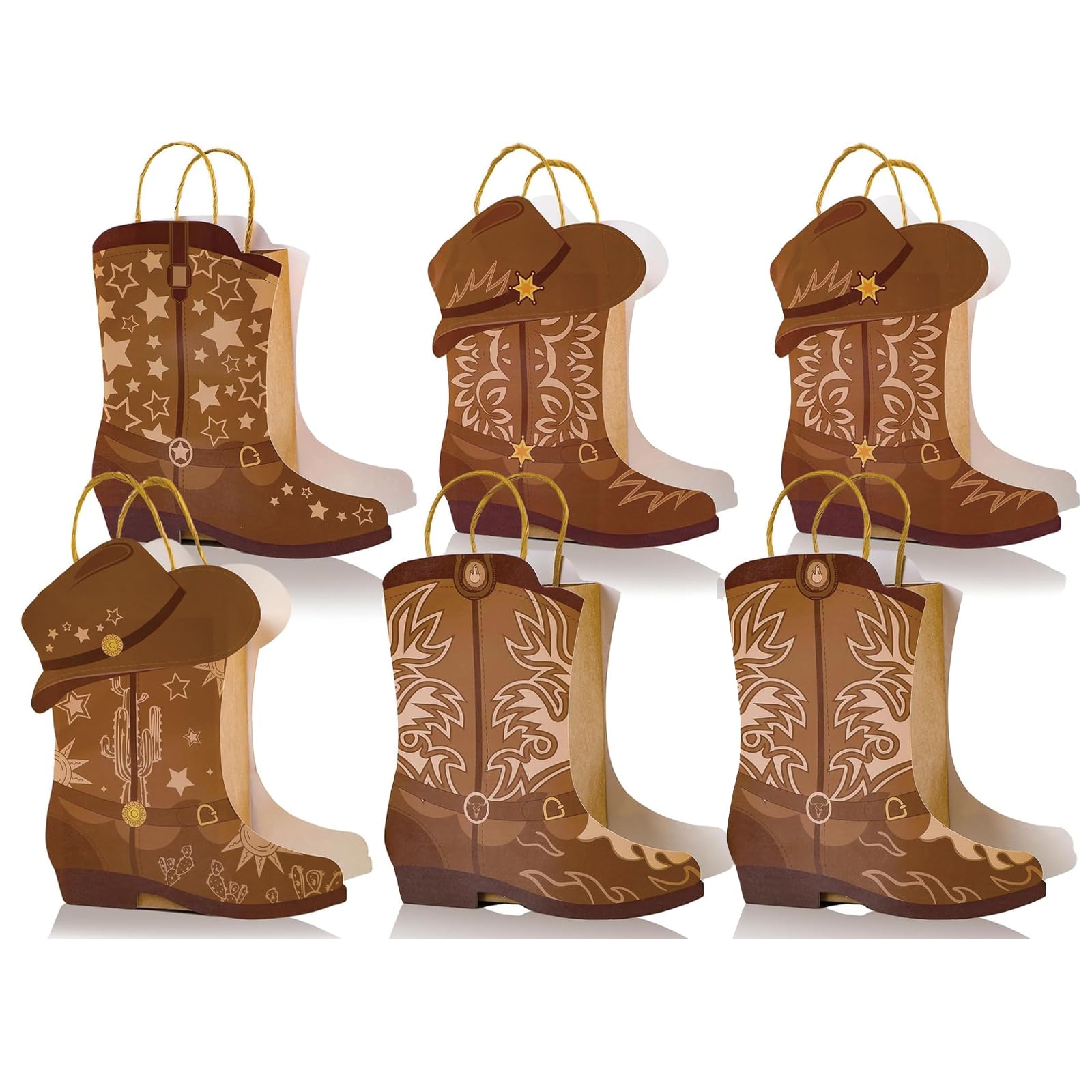 6Pcs Cowboy Party Decorations, Western Party Decorations DIY Cowboy Boots Paper Bags, Cowboy Theme Party Supplies for Rodeo Celebrations and Western Style Events, Durable Kraft Material Construction
