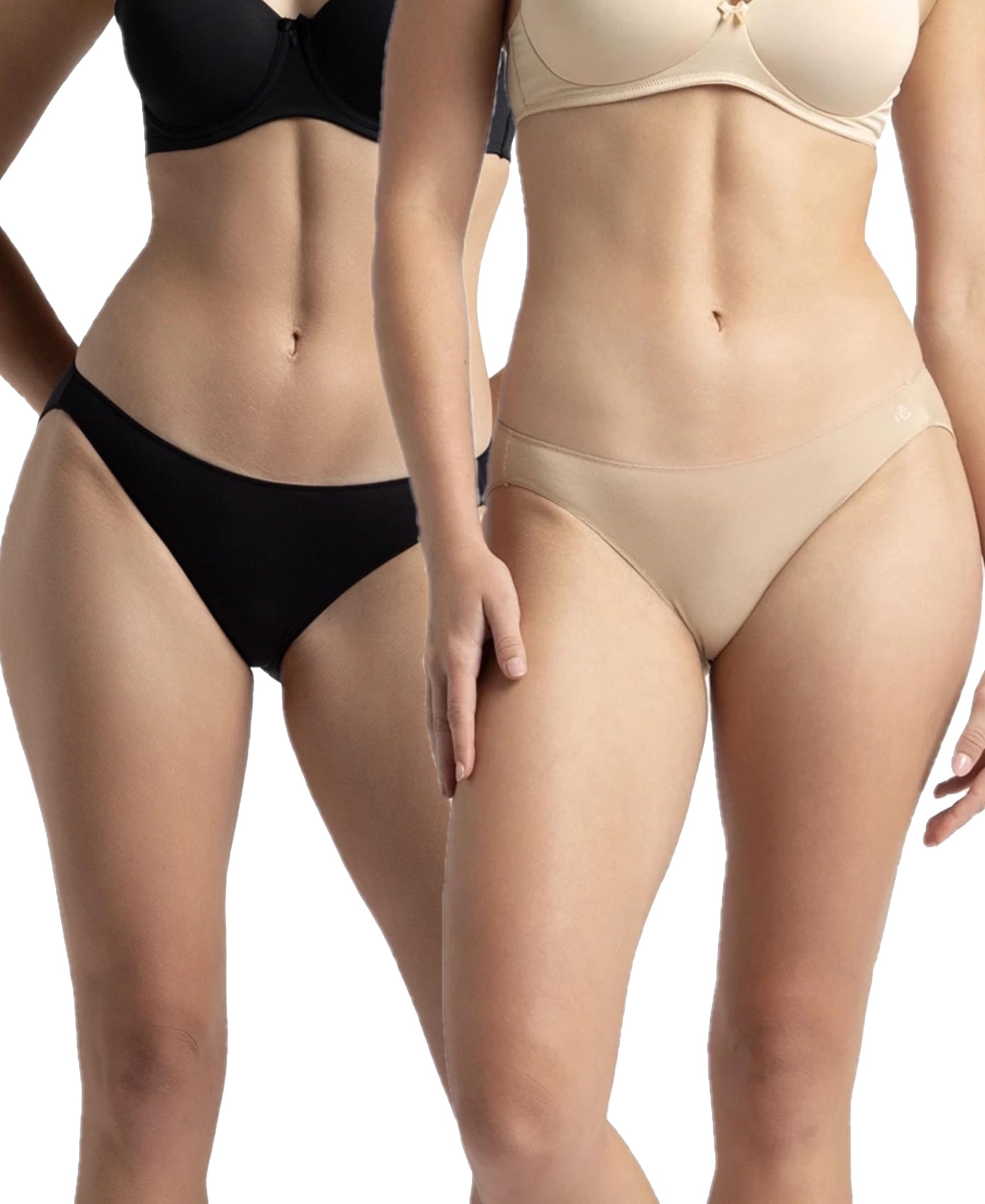 1803 Women's Medium Coverage Micro Modal Elastane Stretch Mid Waist Bikini with Concealed Waistband and Stay Fresh Treatment (Pack of 2)_Black & Skin_M