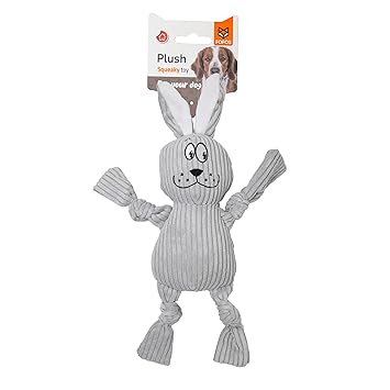 Barkbutler x Fofos Fluffy Rabbit Stuffed Soft Squeaky Plush Dog Toy, Grey | For X-Small- Small Dogs (0-10kgs) |Knotted Legs| Squeaker | Machine Washable | Soft Corduroy Fabric | Cuddle, Chew, Fetch, Tug