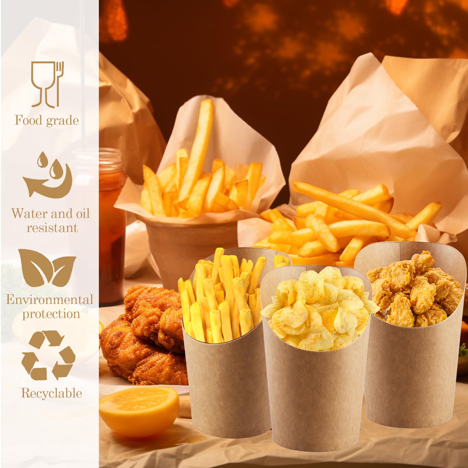 SPORWAY Sacs à frites en papier kraft : 100 pièces de 300 ml Sacs à gaufres à bulles pour frites, sac à frites en papier kraft, boîte à frites avec oblique, étanche et empilable pour frites, gaufres,