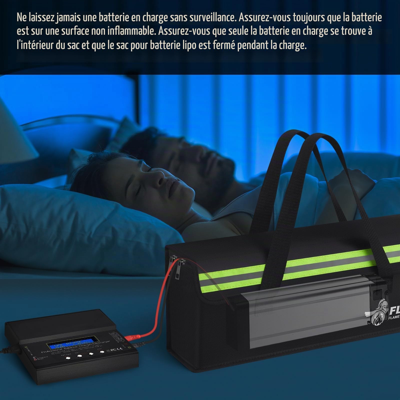 FLASLD Lipo Lot de 2 sacoches ignifuges pour accessoires de vélo électrique, étui de charge anti-explosion, grande capacité, boîte de rangement pour batterie Lipo (49 x 10,9 x 17,8 cm), noir