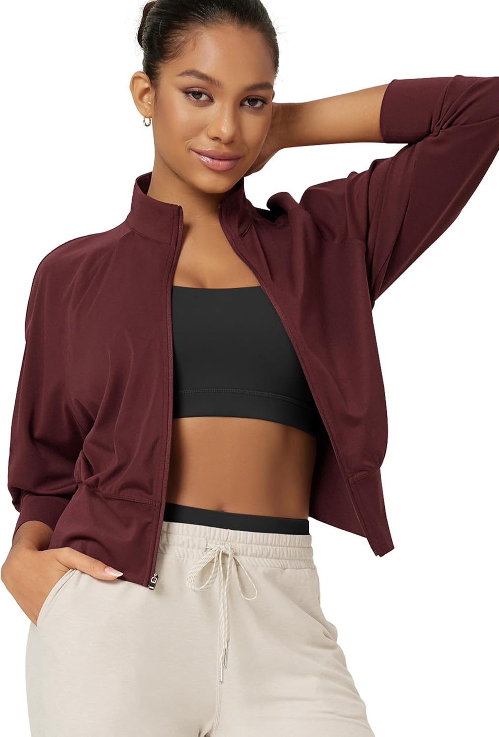 ODODOS Women's Full Zip Workout Jacket Cloud Feeling Stand Collar Long Sleeve Lightweight Athletic Yoga Tops