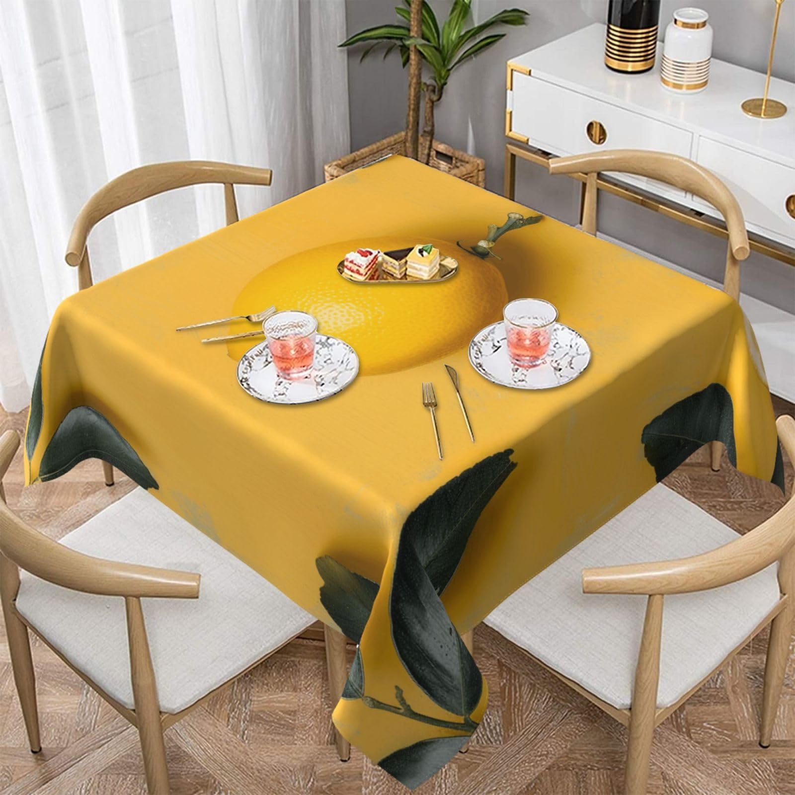 WPKJU Yellow Lemon Art Printed Square Tablecloth 60x60 inch Water Resistant Table Cover Washable Rectangle Table Cloth for Dining Tables