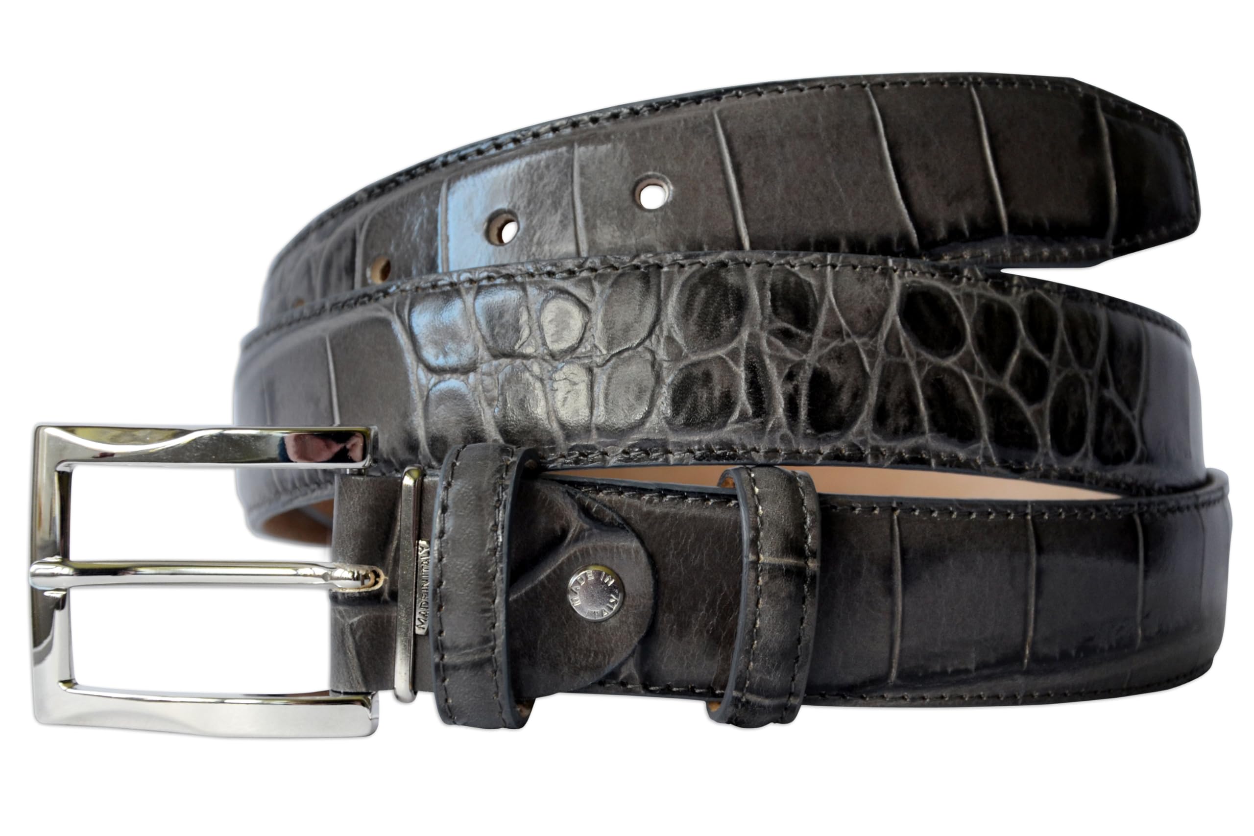 Pasquale Cutarelli Men's Dark Grey Crocodile Pattern Italian Leather Belt, 3.5Cm Wide, Medium, 36-Inch