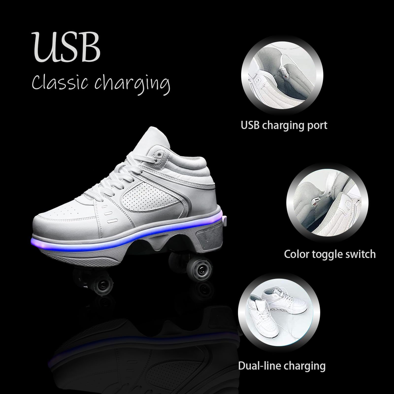 UonrvaoN Roller Skate Shoes for Men, Double-Row Deform Wheel Automatic Walking Shoes, Retractable Roller Skate, Shoes with Wheels, Skating Shoes for Outdoor Fun & Fitness, 10, White Led