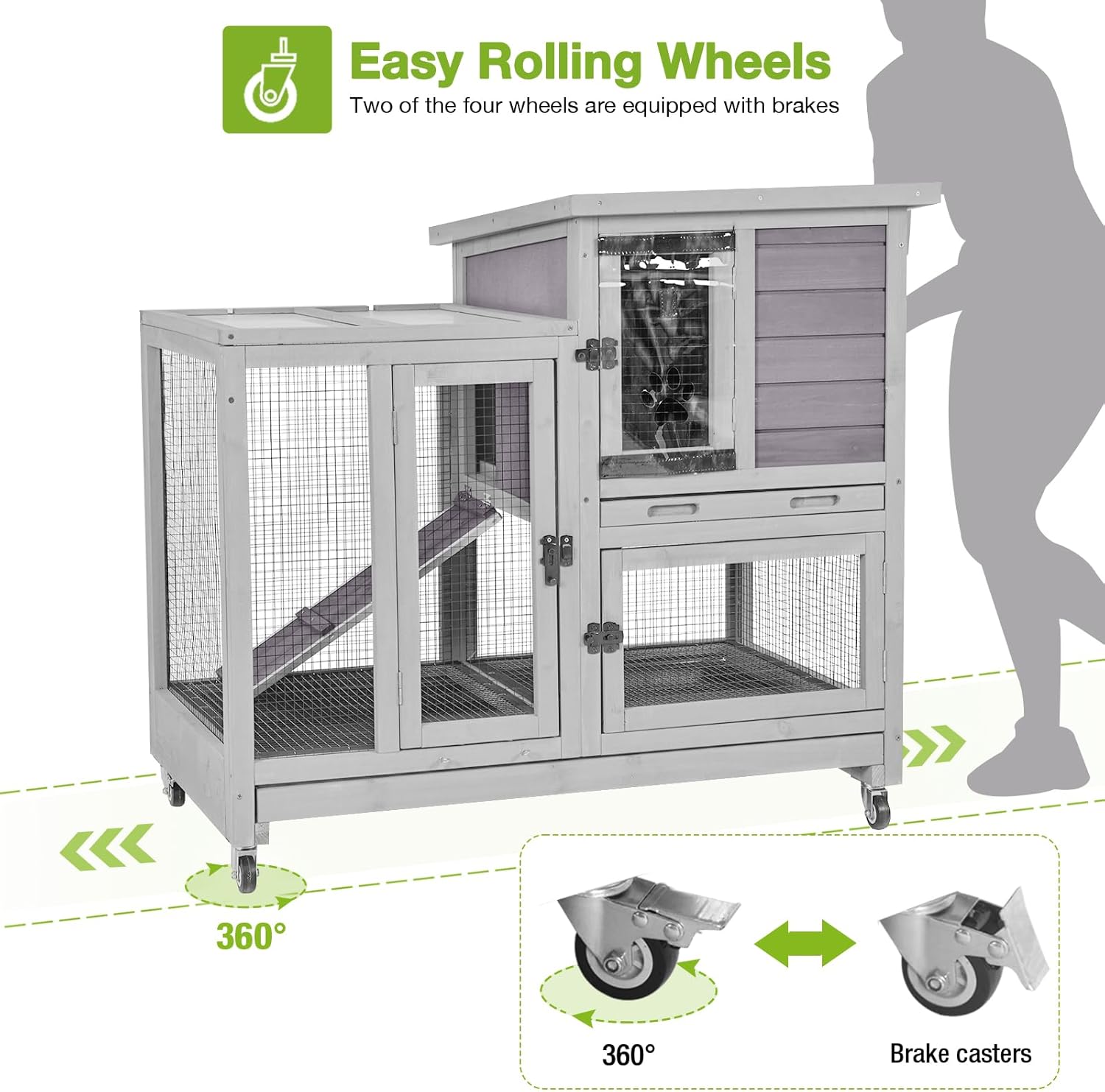 GUTINNEEN Rabbit Hutch Indoor Guinea Pig Cage Outdoor Two Story Bunny House with Wire Mesh Floor, Leakproof Tray and Wheels 40.6" L